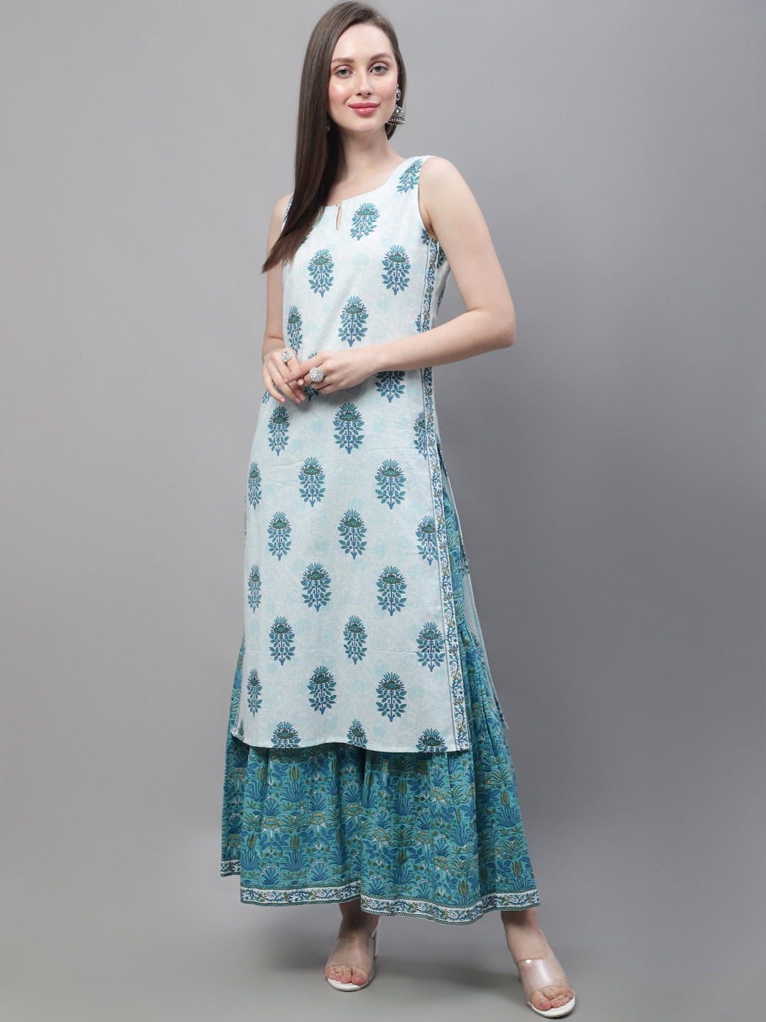 

Kamayra Ethnic Motifs Printed Regular Pure Cotton Kurta with Sharara, Turquoise blue