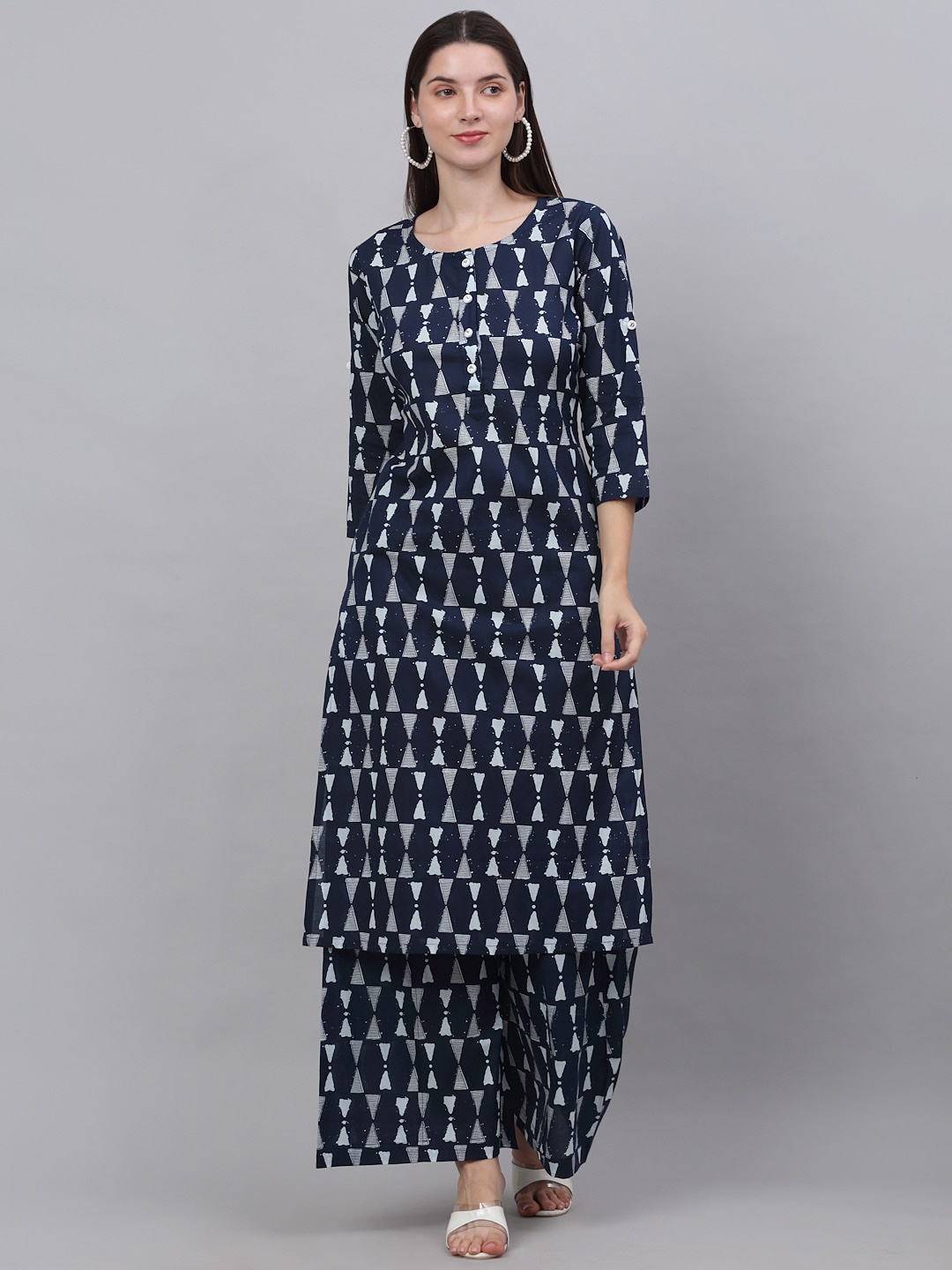 

Kamayra Geometric Printed Pure Cotton Kurta With Palazzos, Navy blue