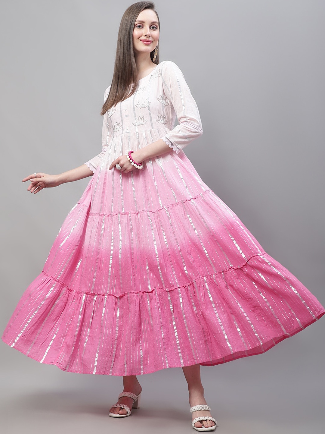 

Kamayra Ombre Tiered Embroidered Fit & Flare Maxi Dress, Pink