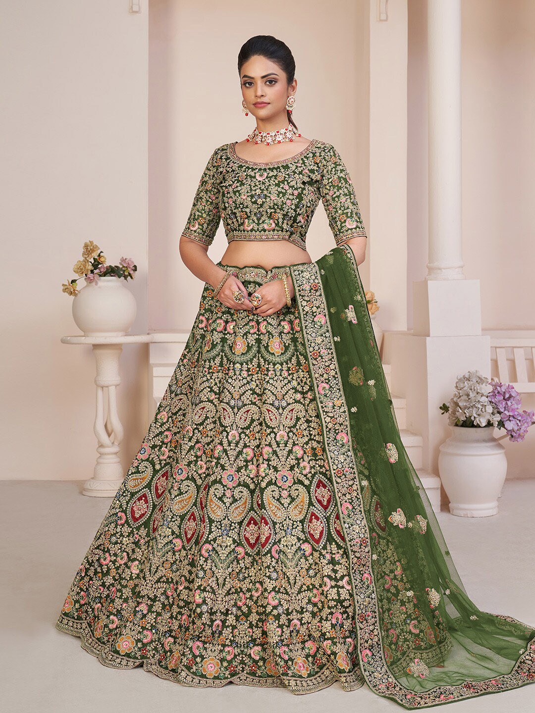 

Fusionic Embellished Thread Work Semi-Stitched Lehenga & Unstitched Blouse With Dupatta, Green