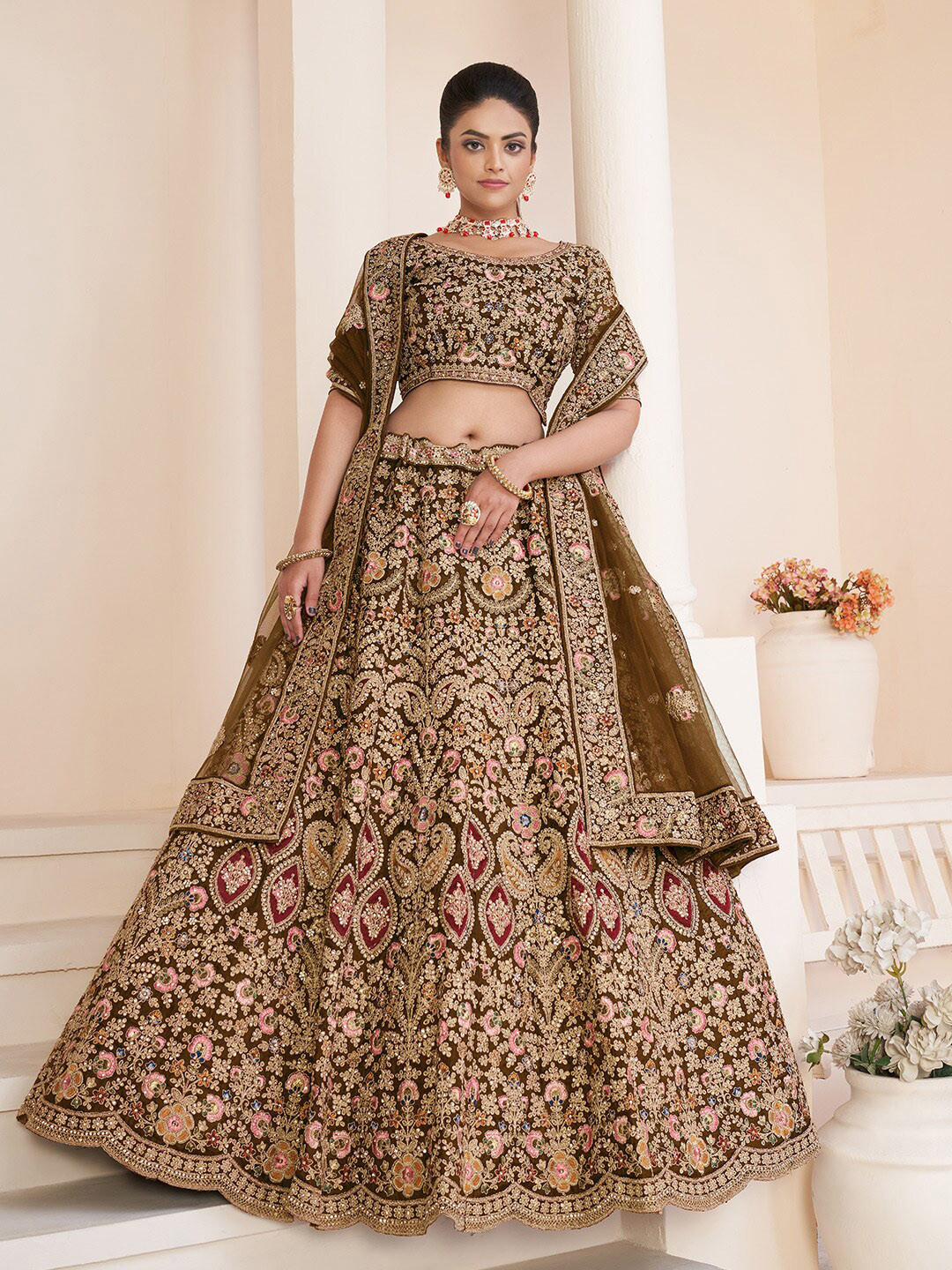 

Fusionic Embellished Thread Work Semi-Stitched Lehenga & Unstitched Blouse With Dupatta, Beige