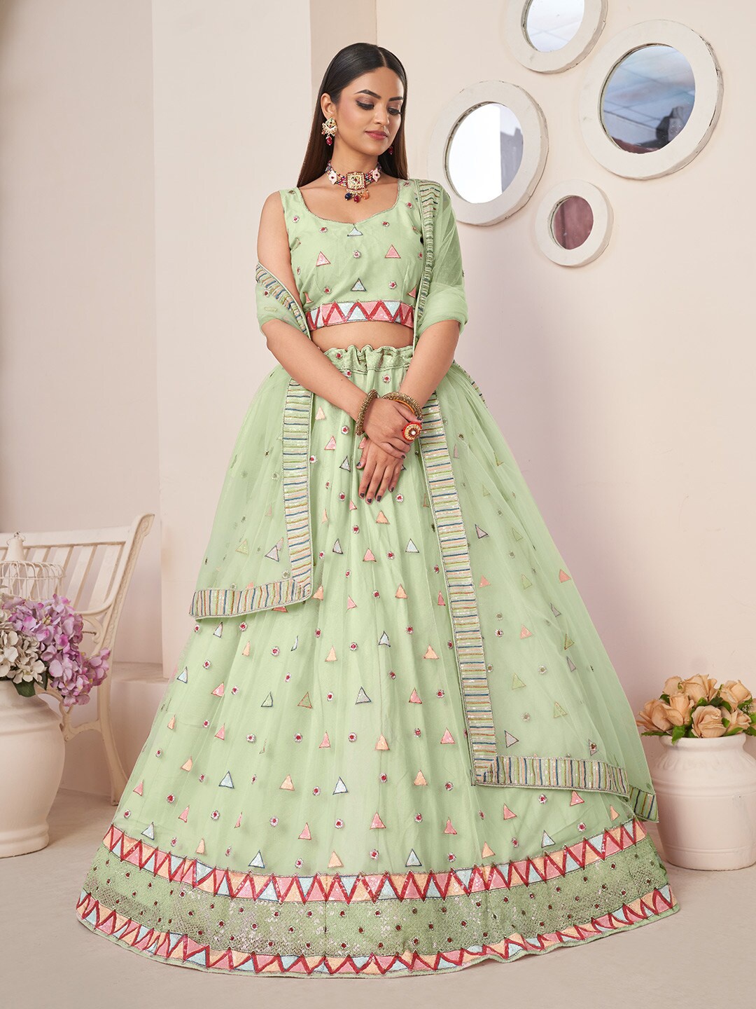 

Fusionic Embellished Thread Work Semi-Stitched Lehenga & Unstitched Blouse With Dupatta, Green