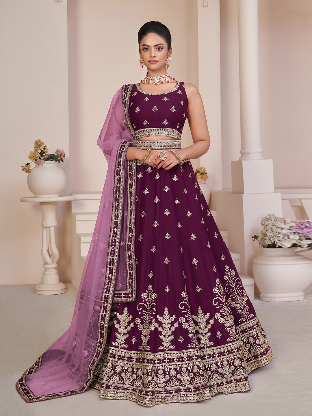 

Fusionic Embellished Thread Work Semi-Stitched Lehenga & Unstitched Blouse With Dupatta, Purple