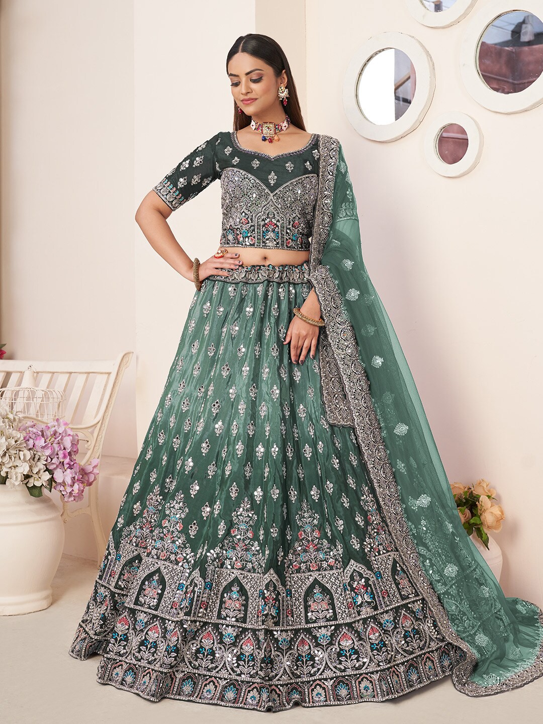 

Fusionic Embellished Beads and Stones Semi-Stitched Lehenga Blouse With Dupatta, Green