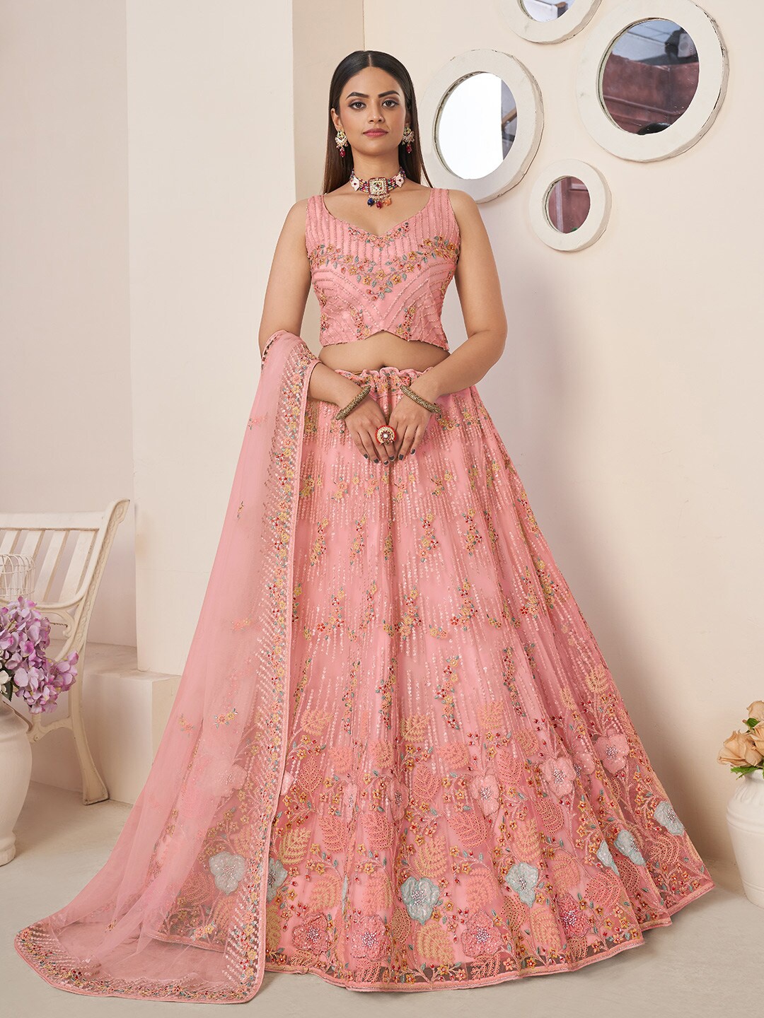 

Fusionic Embellished Thread Work Semi-Stitched Lehenga & Unstitched Blouse With Dupatta, Pink