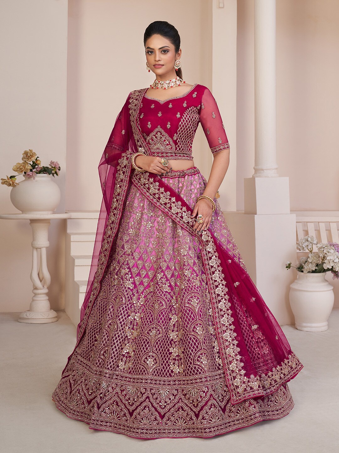 

Fusionic Embellished Sequinned Semi-Stitched Lehenga & Unstitched Blouse With Dupatta, Red