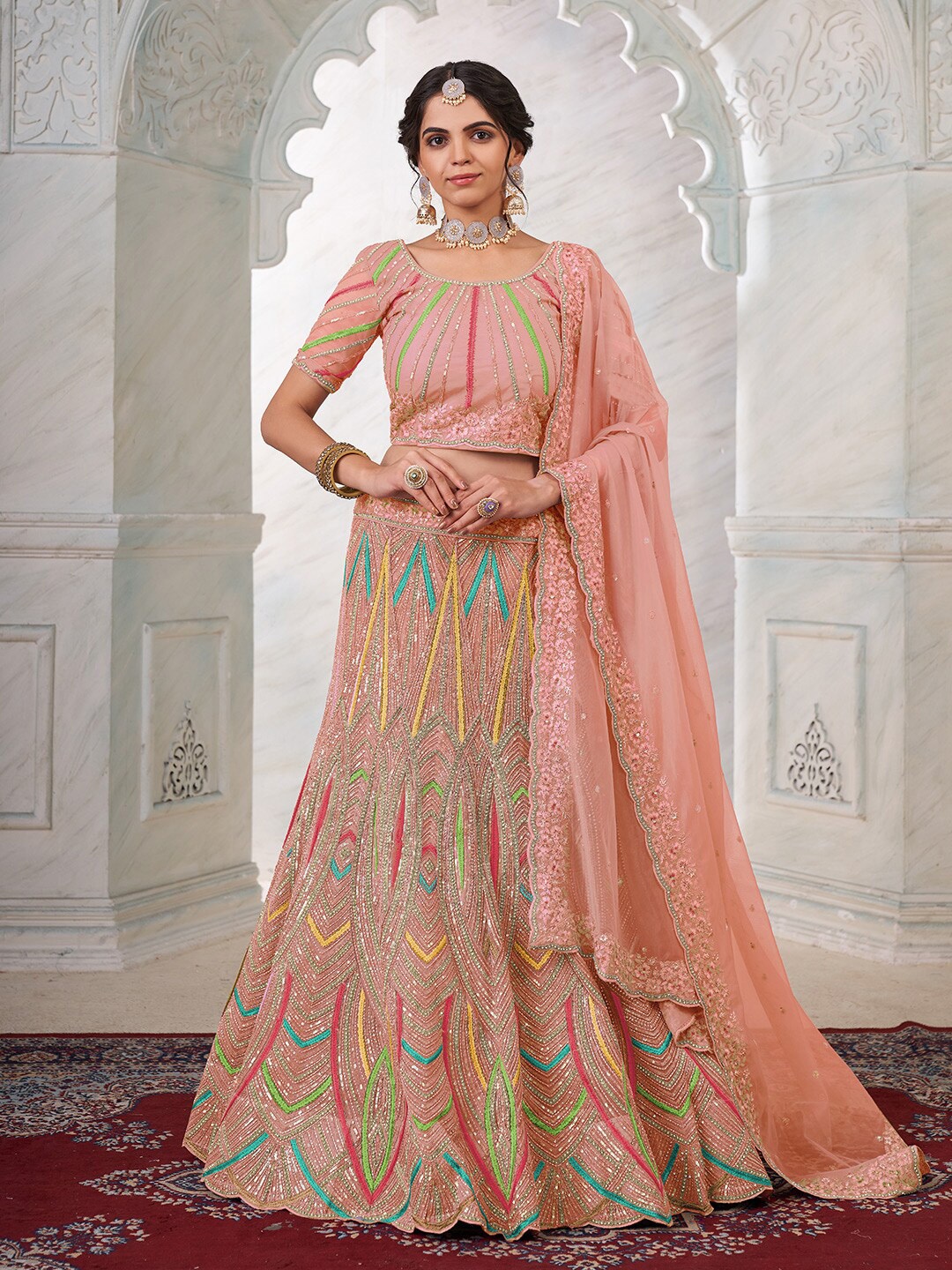 

Fusionic Embellished Sequinned Semi-Stitched Lehenga & Unstitched Blouse With Dupatta, Peach