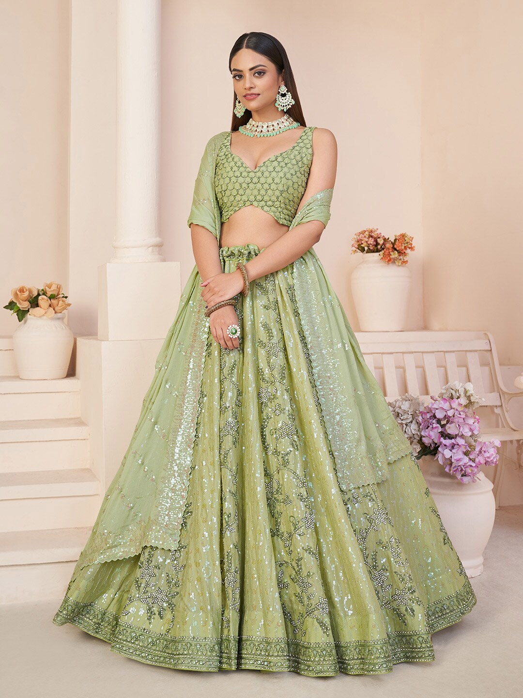 

Fusionic Embellished Sequinned Semi-Stitched Lehenga Choli With Dupatta, Green