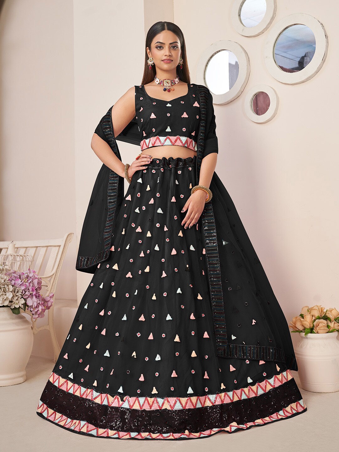 

Fusionic Embellished Thread Work Semi-Stitched Lehenga Choli With Dupatta, Black