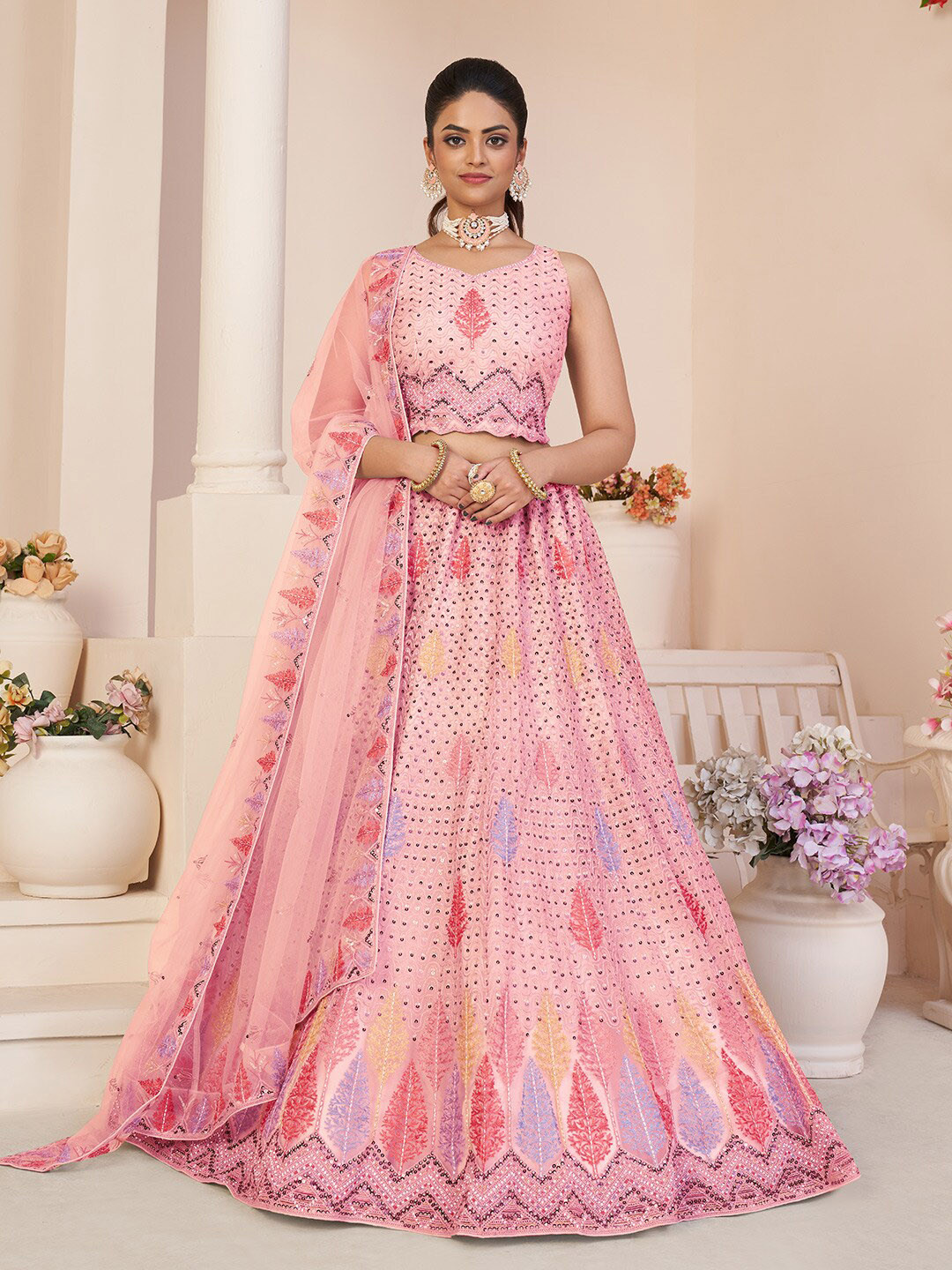 

Fusionic Embellished Thread Work Semi-Stitched Lehenga & Unstitched Blouse With Dupatta, Pink