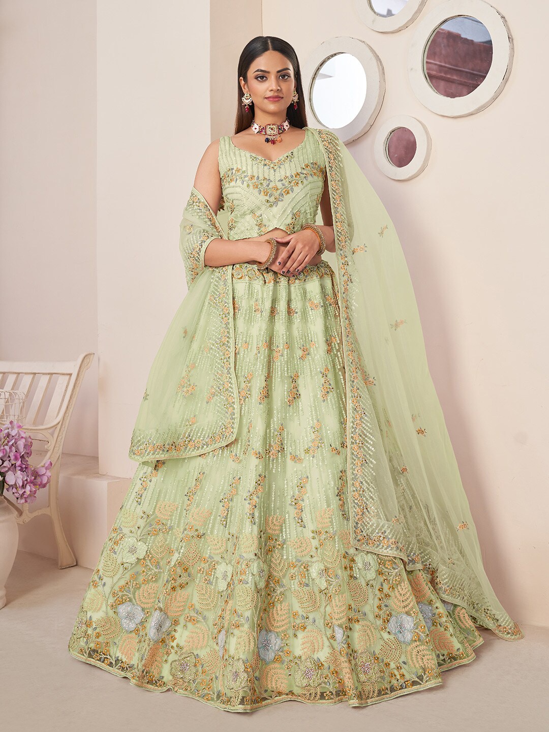

Fusionic Embellished Thread Work Semi-Stitched Lehenga & Unstitched Blouse With Dupatta, Green