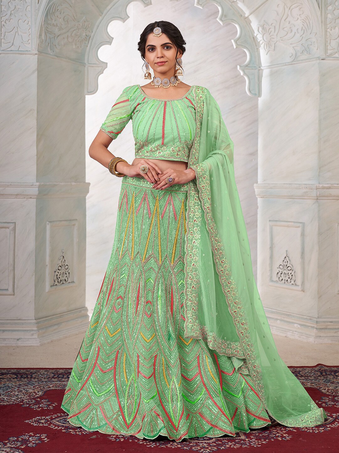 

Fusionic Embellished Sequinned Semi-Stitched Lehenga & Unstitched Blouse With Dupatta, Green