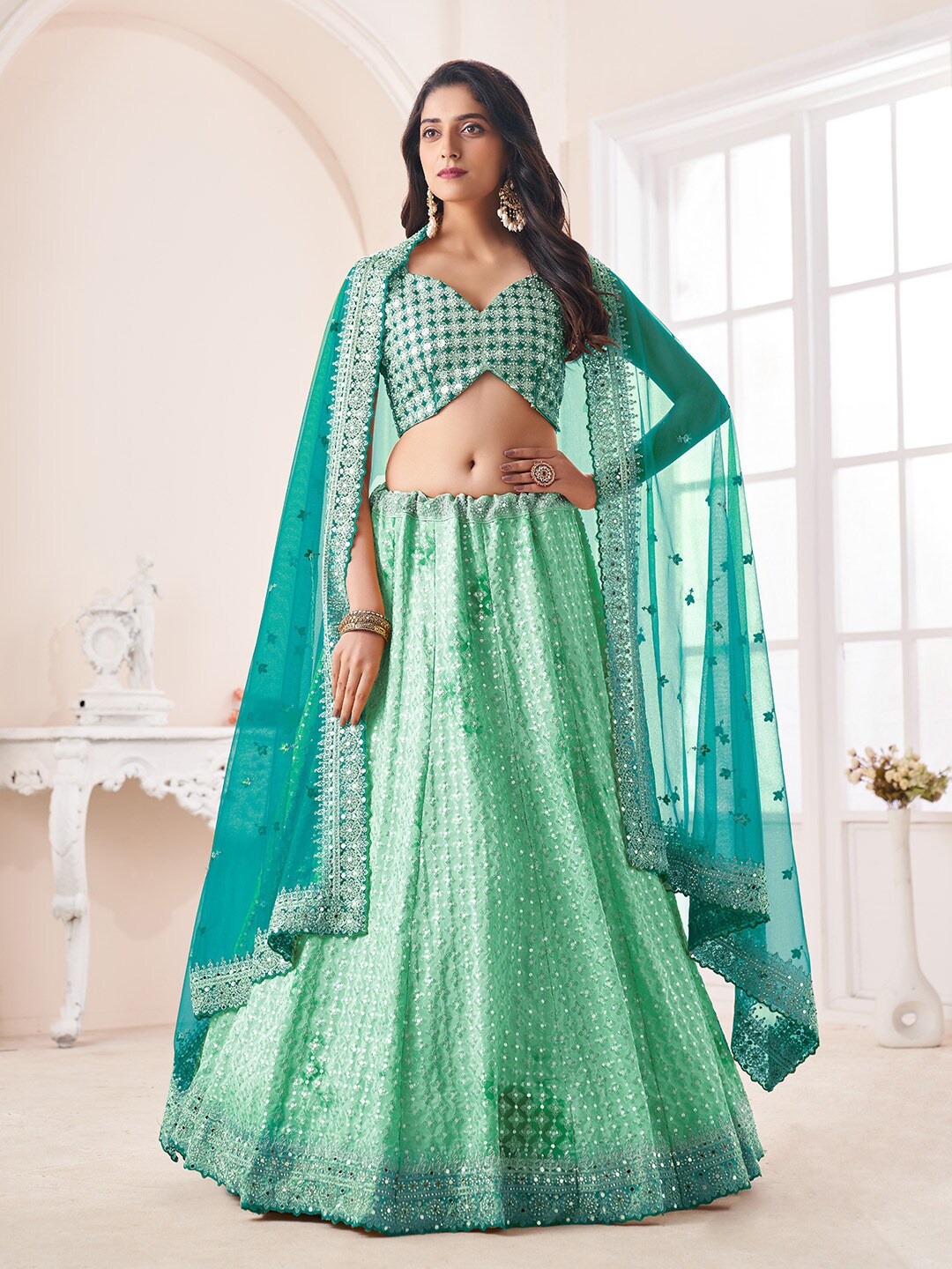 

Fusionic Sequinned Semi-Stitched Lehenga & Unstitched Blouse With Dupatta, Green