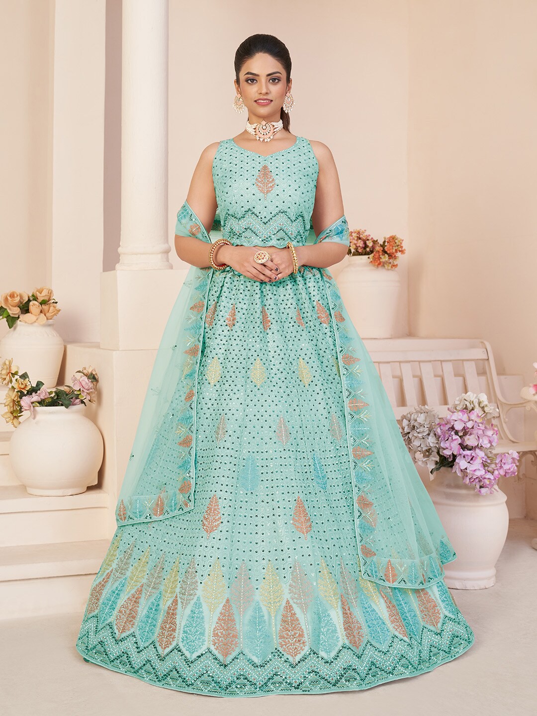 

Fusionic Embellished Thread Work Semi-Stitched Lehenga & Unstitched Blouse With, Turquoise blue