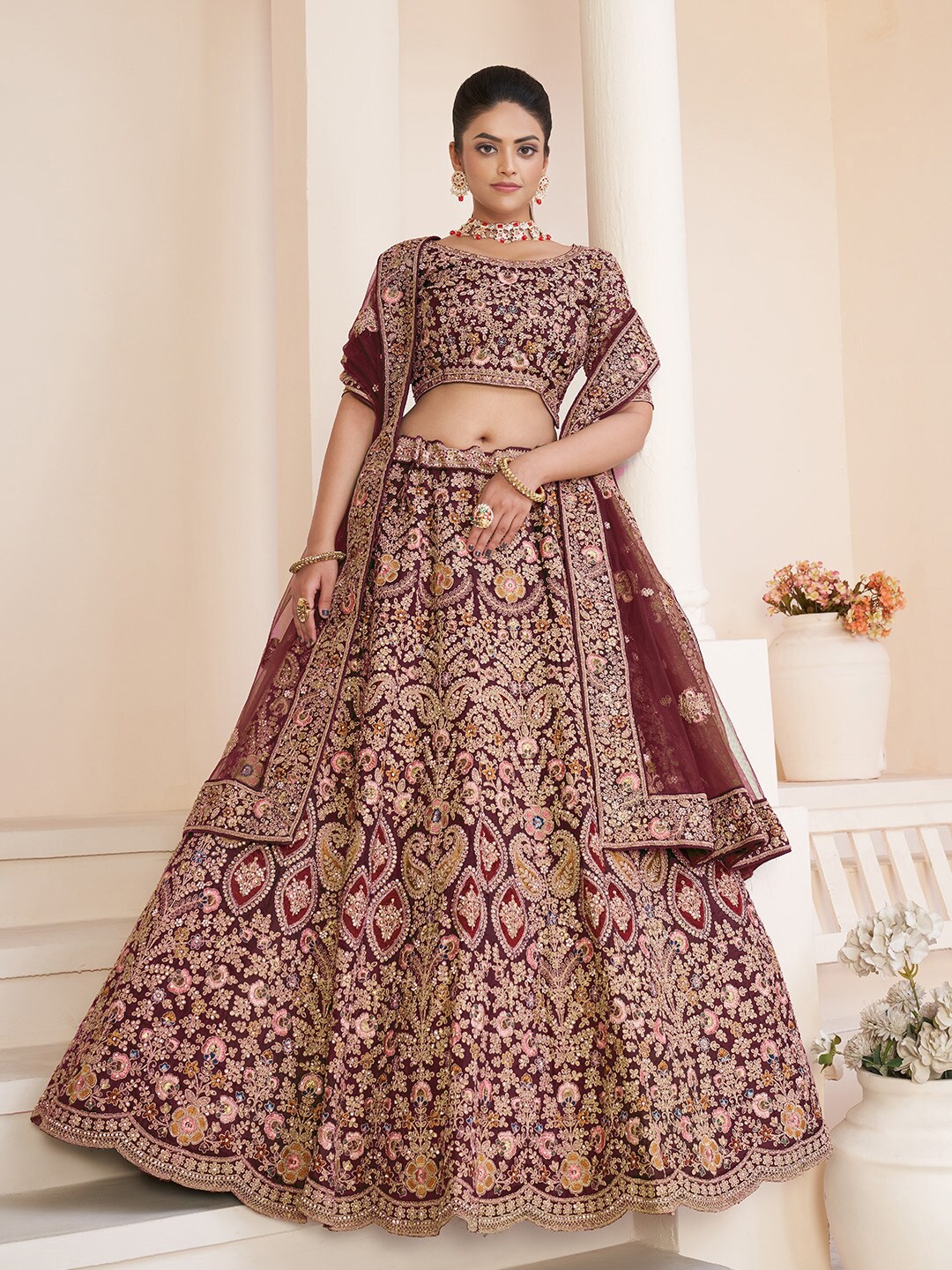 

Fusionic Embellished Thread Work Semi-Stitched Lehenga & Unstitched Blouse With Dupatta, Purple