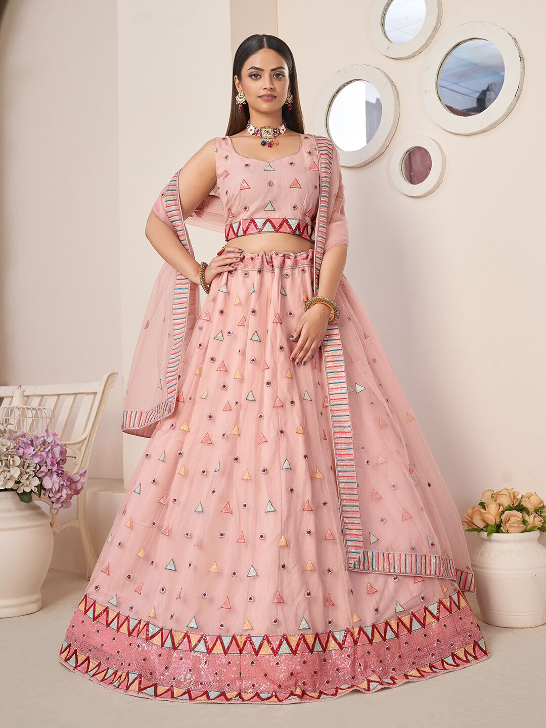 

Fusionic Embellished Thread Work Semi-Stitched Lehenga & Unstitched Blouse With Dupatta, Pink