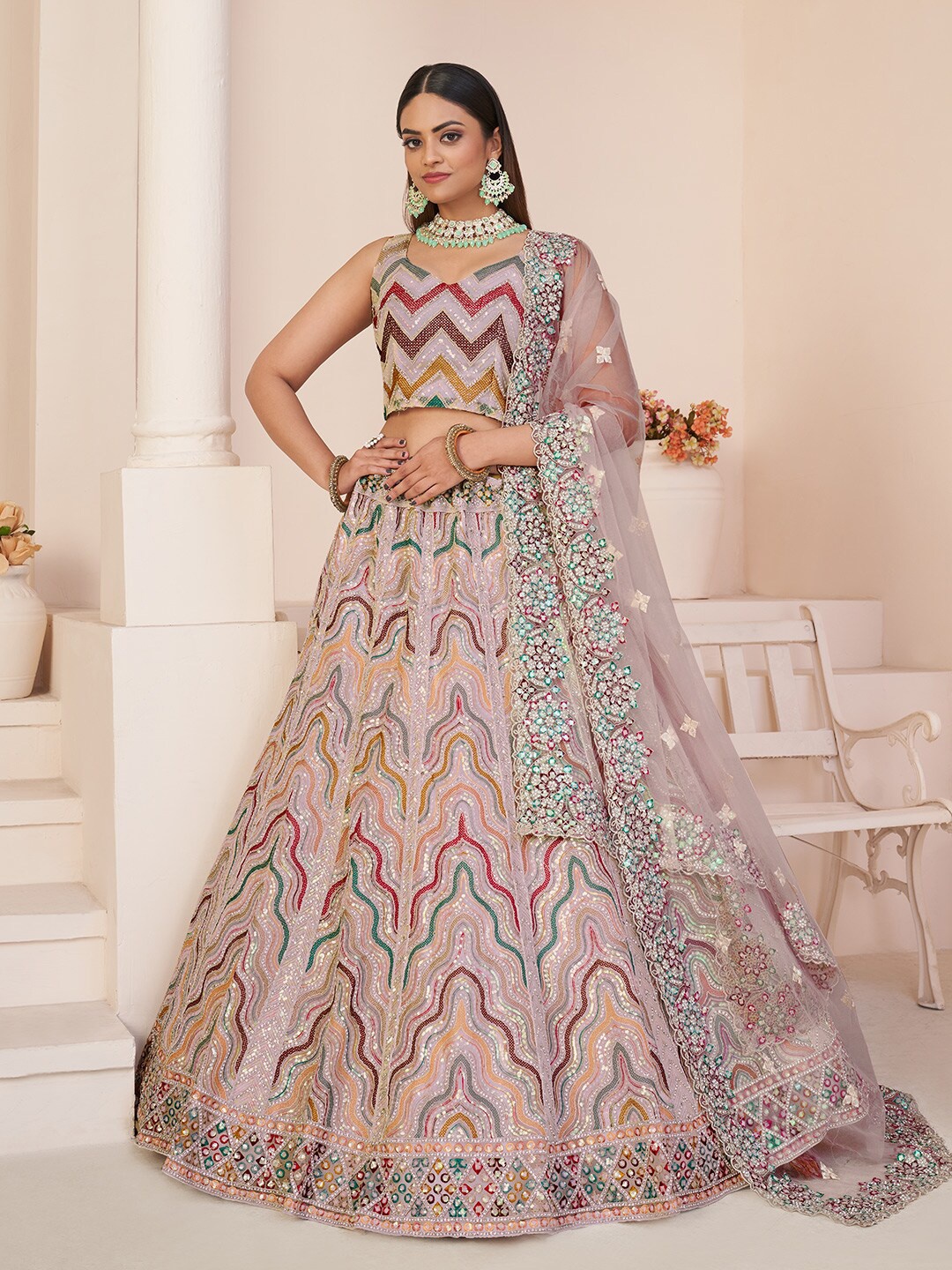 

Fusionic Embellished Sequinned Semi-Stitched Lehenga & Unstitched Blouse With Dupatta, Peach