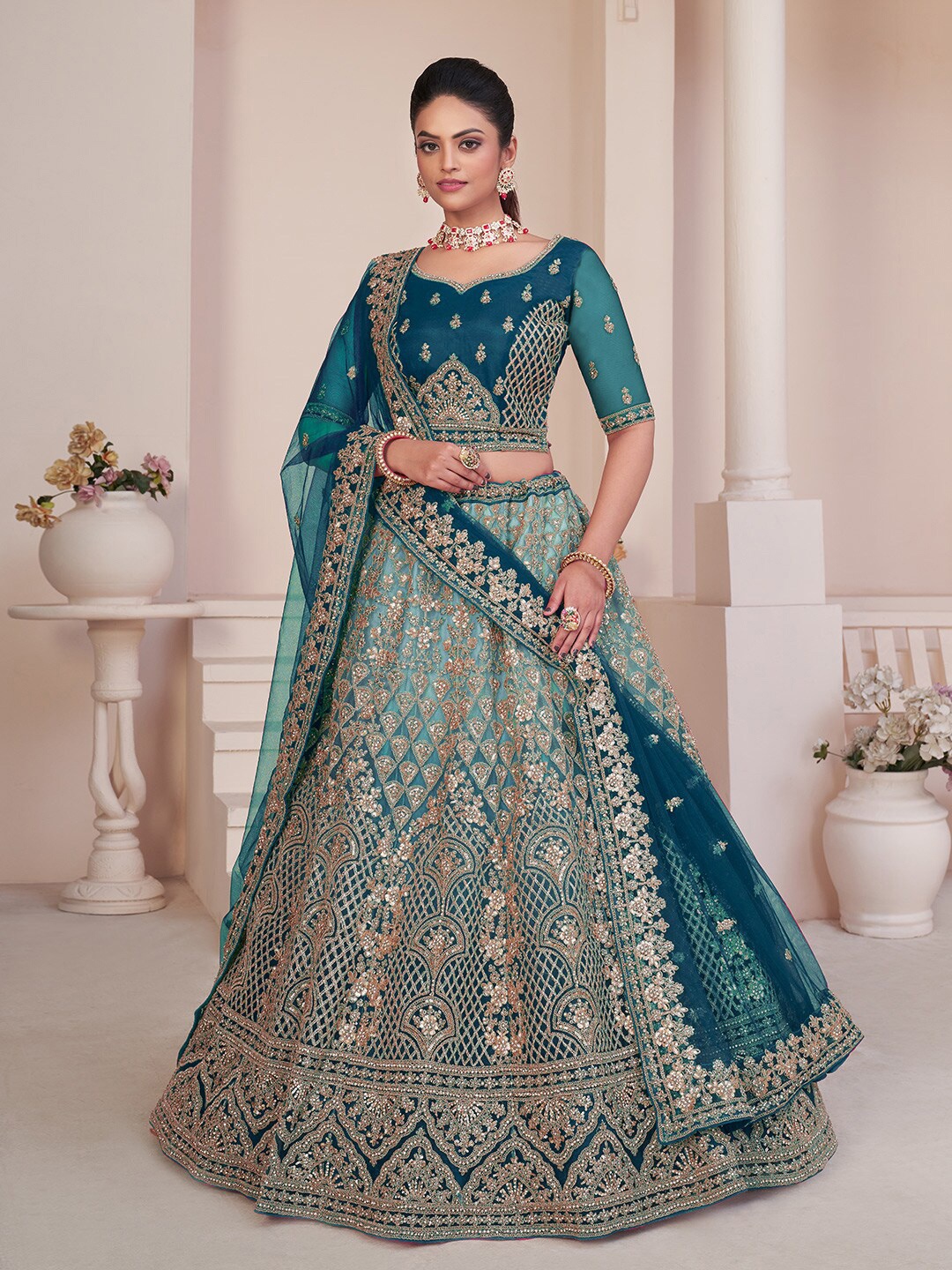 

Fusionic Embroidered Sequinned Net Semi-Stitched Lehenga & Unstitched Blouse With Dupatta, Blue