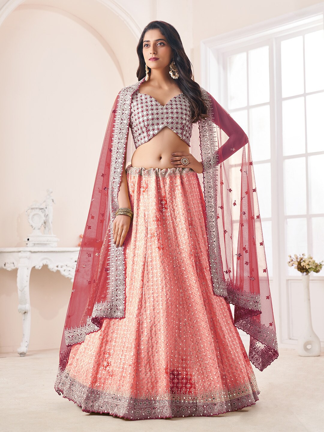 

Fusionic Embellished Sequinned Semi-Stitched Lehenga & Unstitched Blouse With Dupatta, Pink