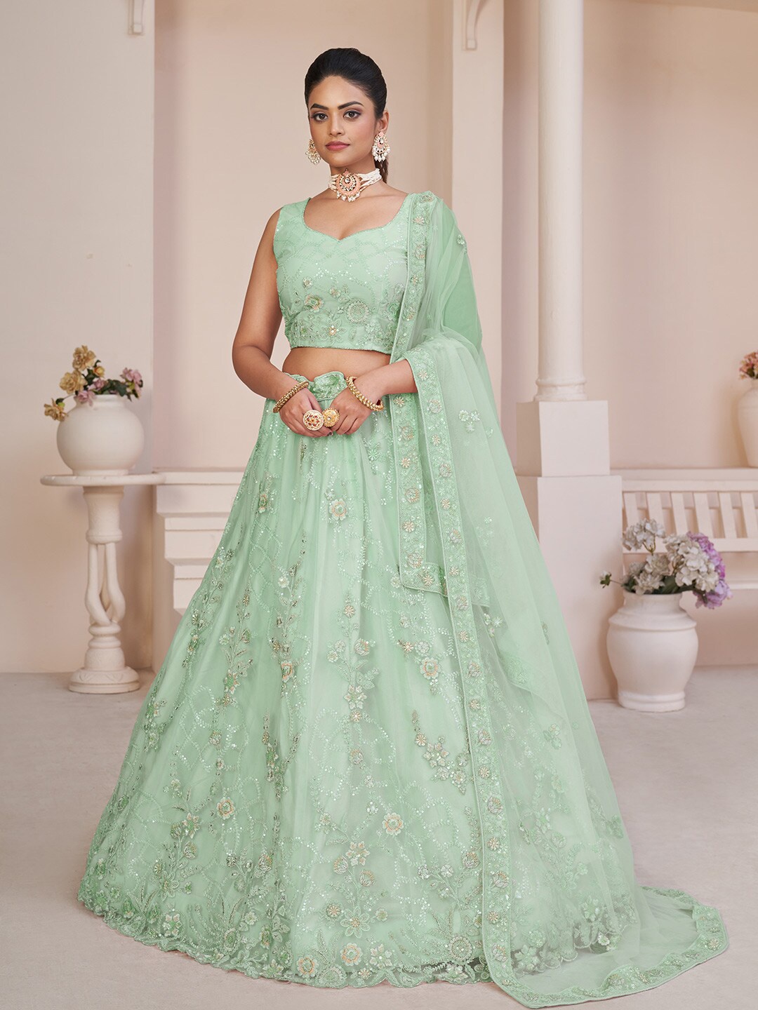 

Fusionic Embroidered Sequinned Net Semi-Stitched Lehenga & Unstitched Blouse With Dupatta, Green