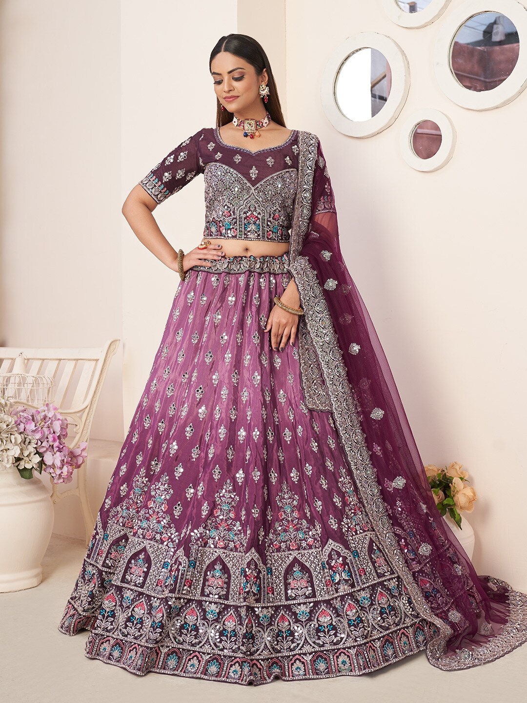

Fusionic Embroidered Satin Semi-Stitched Lehenga & Unstitched Blouse With Dupatta, Purple