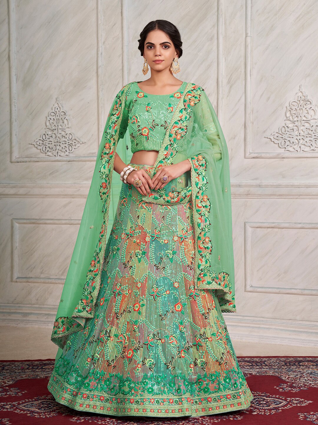 

Fusionic Embroidered Sequinned Net Semi-Stitched Lehenga & Unstitched Blouse With Dupatta, Green