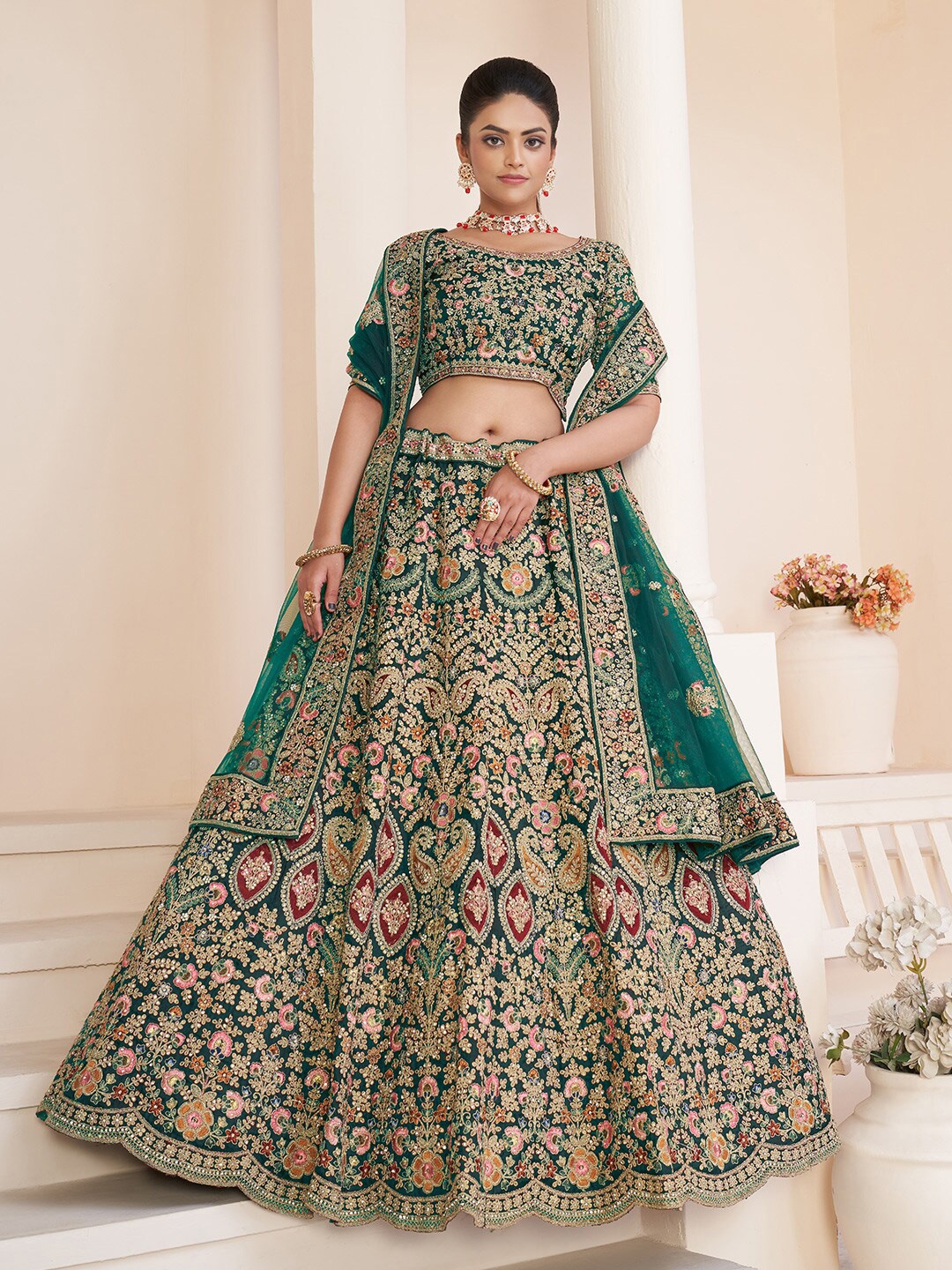 

Fusionic Embellished Thread Work Semi-Stitched Lehenga & Unstitched Blouse With, Green