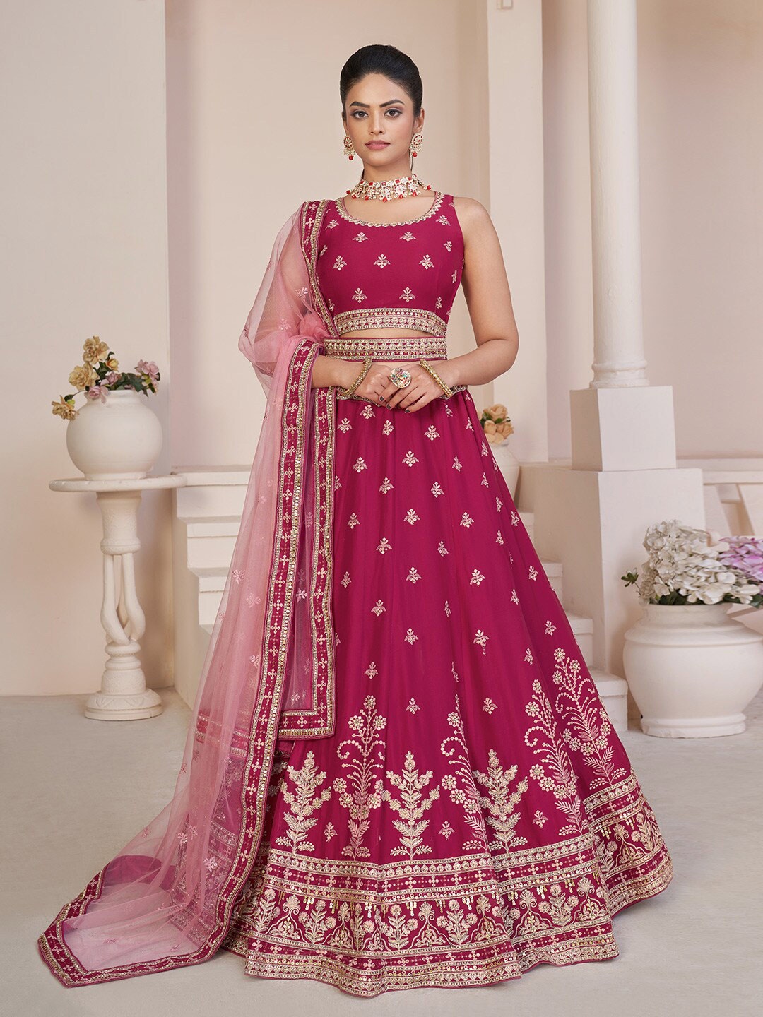 

Fusionic Embroidered Sequinned Semi-Stitched Lehenga & Unstitched Blouse With Dupatta, Pink