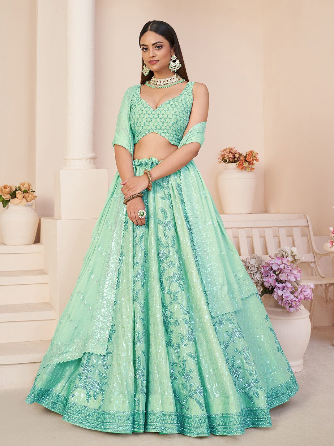 

Fusionic Embellished Sequinned Semi-Stitched Lehenga & Unstitched Blouse With Dupatta, Turquoise blue