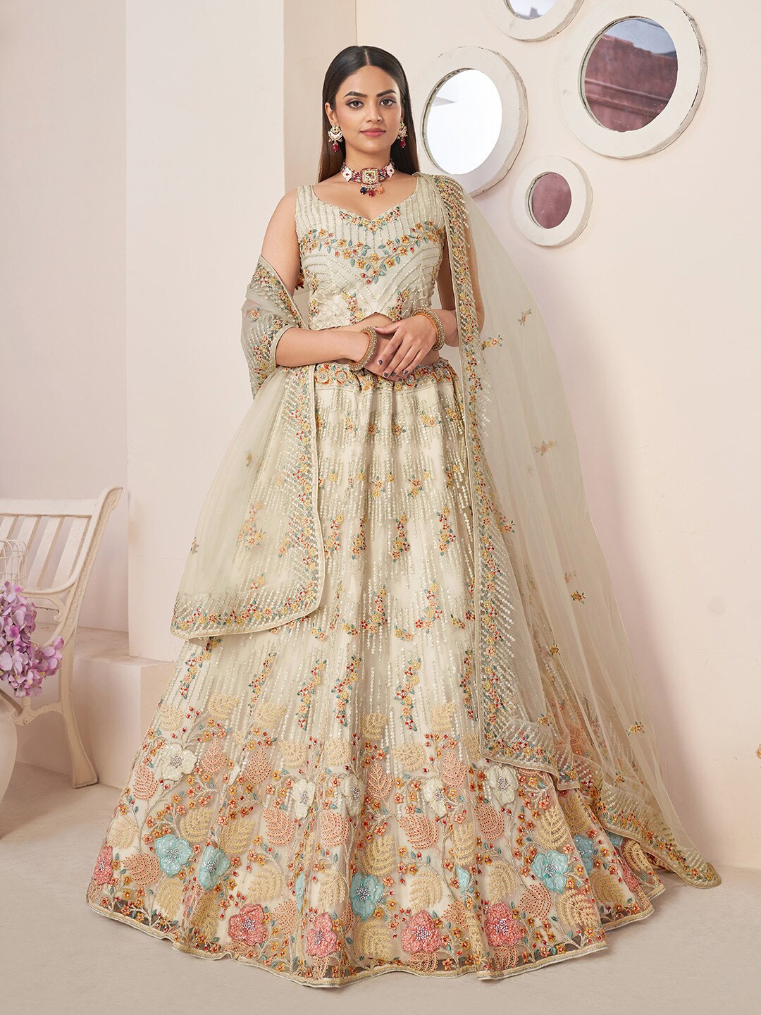 

Fusionic Embellished Thread Work Semi-Stitched Lehenga & Unstitched Blouse With Dupatta, Beige