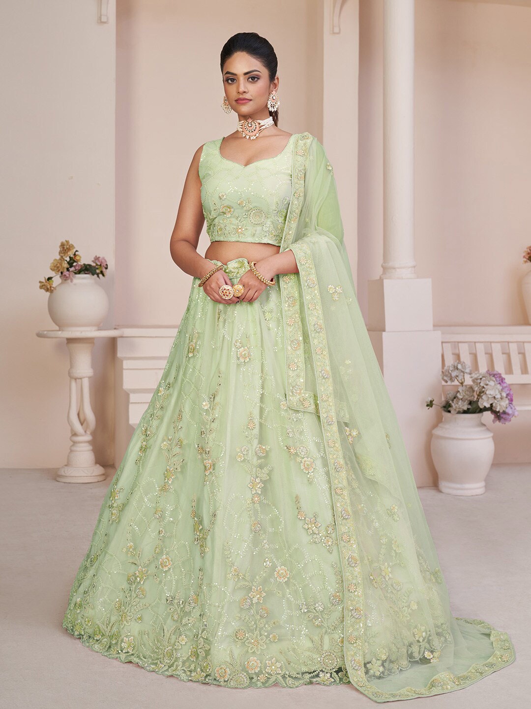 

Fusionic Embellished Thread Work Semi-Stitched Lehenga & Unstitched Blouse With Dupatta, Green
