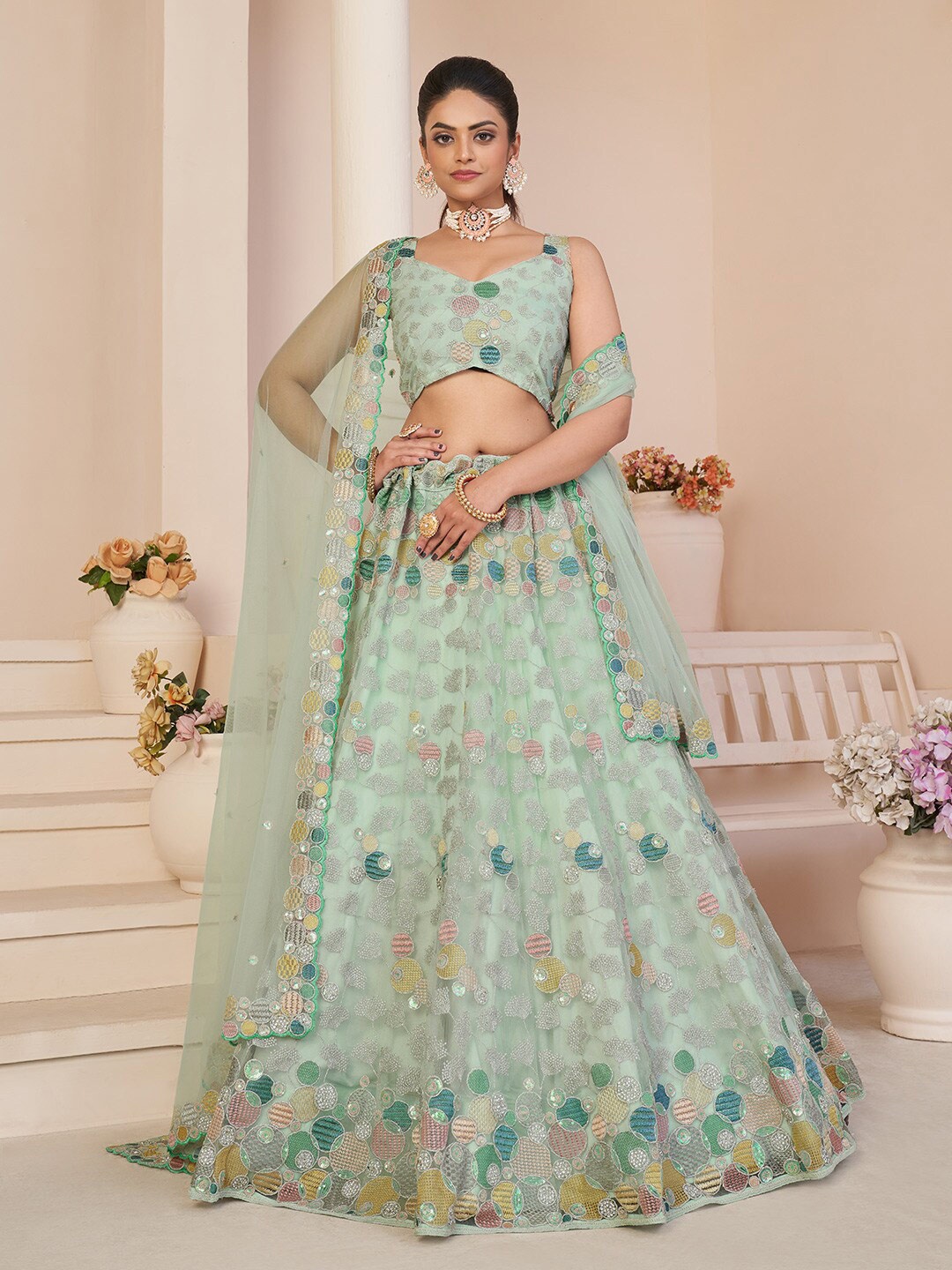 

Fusionic Embellished Thread Work Semi-Stitched Lehenga & Unstitched Blouse With Dupatta, Turquoise blue