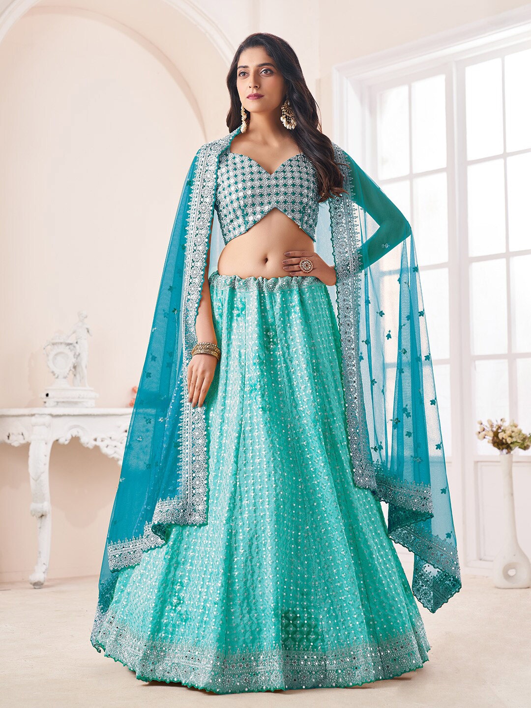 

Fusionic Embellished Sequinned Semi-Stitched Lehenga & Unstitched Blouse With Dupatta, Turquoise blue