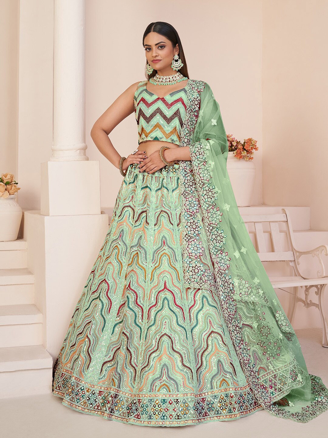 

Fusionic Embellished Thread Work Semi-Stitched Lehenga & Unstitched Blouse With, Turquoise blue