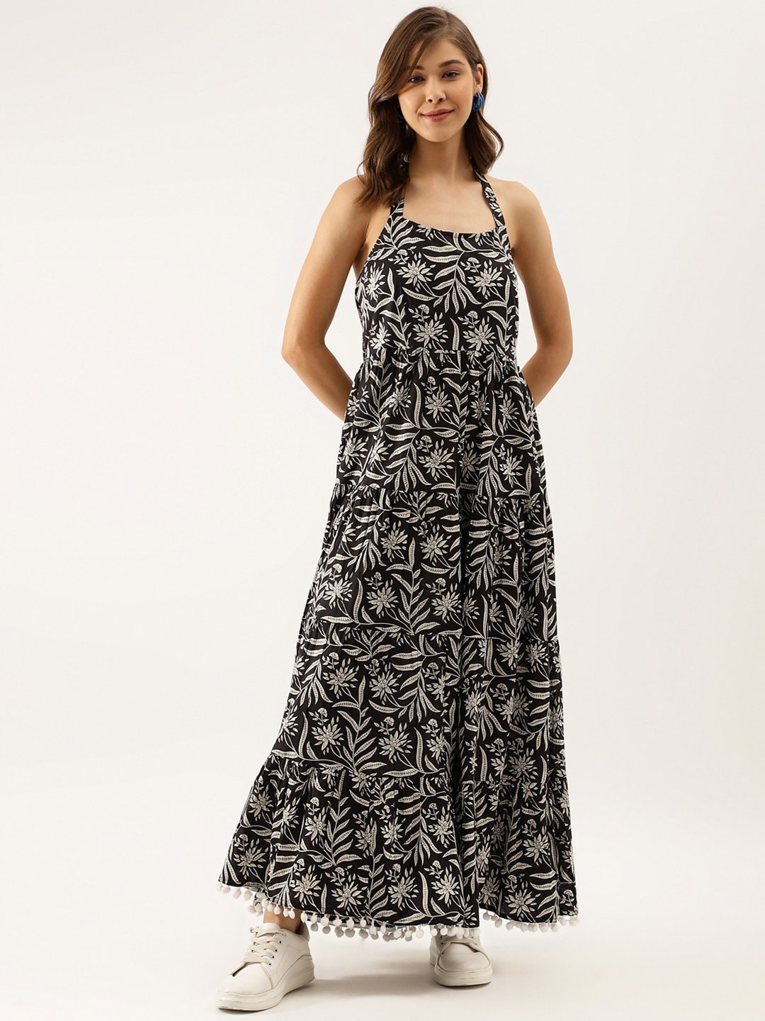 

Divena Floral Printed High Neck Smocked Cotton Maxi Dress, Black