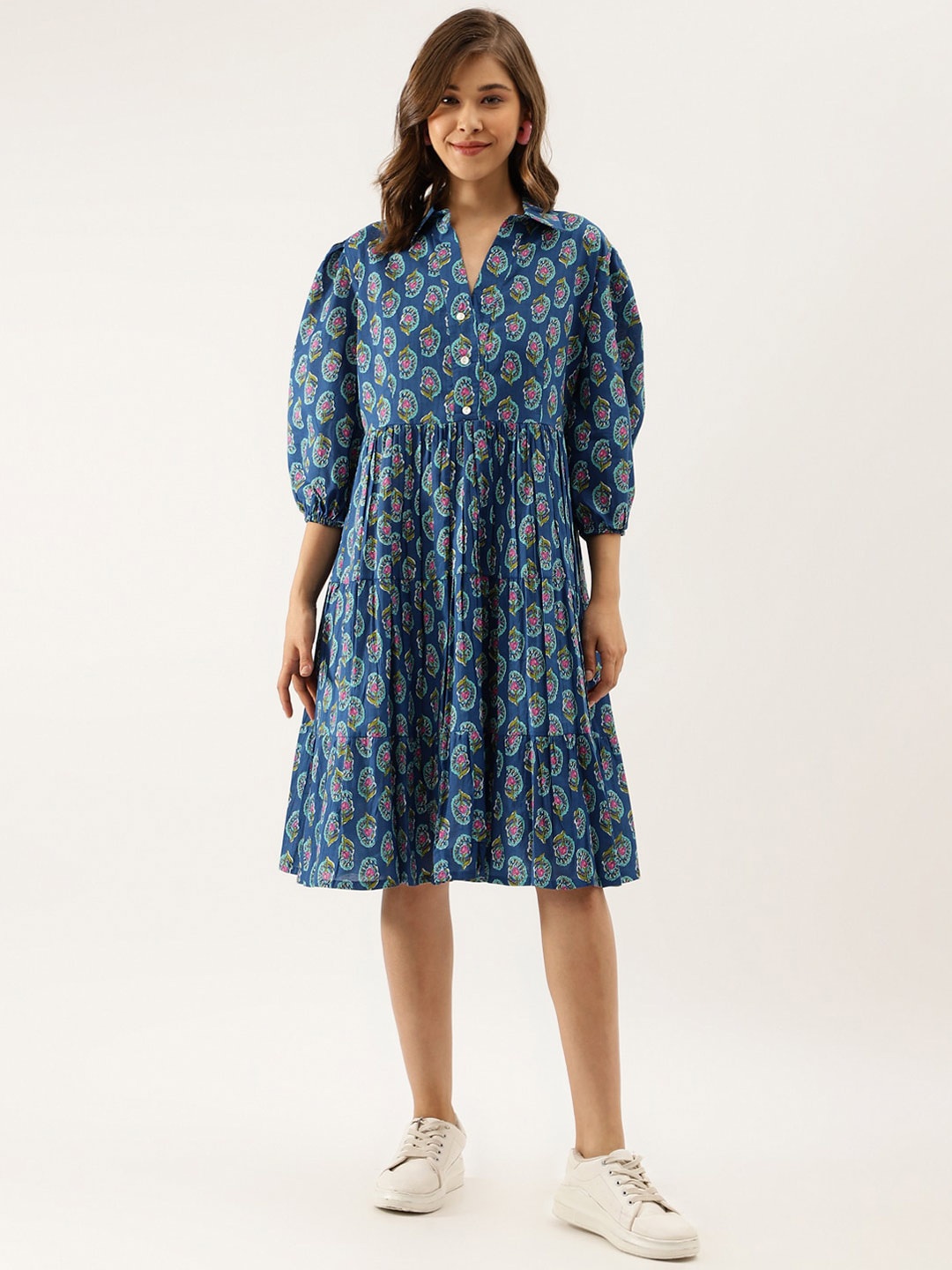 

Divena Floral Printed Shirt Collar Puff Sleeves Cotton A-Line Dress, Blue