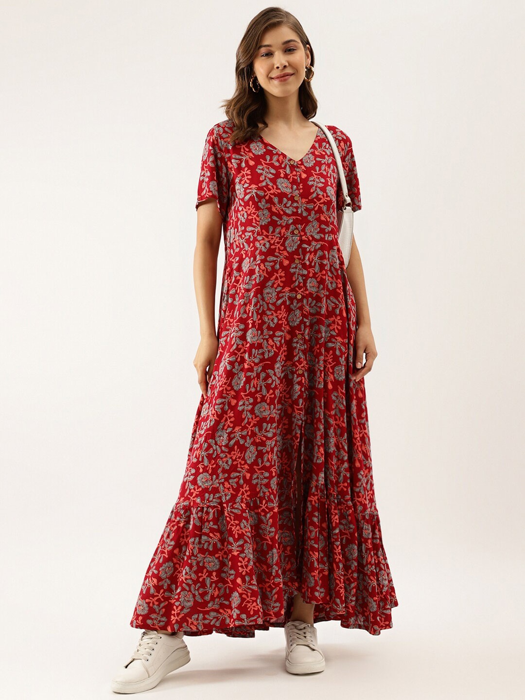 

Divena Floral Printed V-Neck Maxi Dress, Maroon