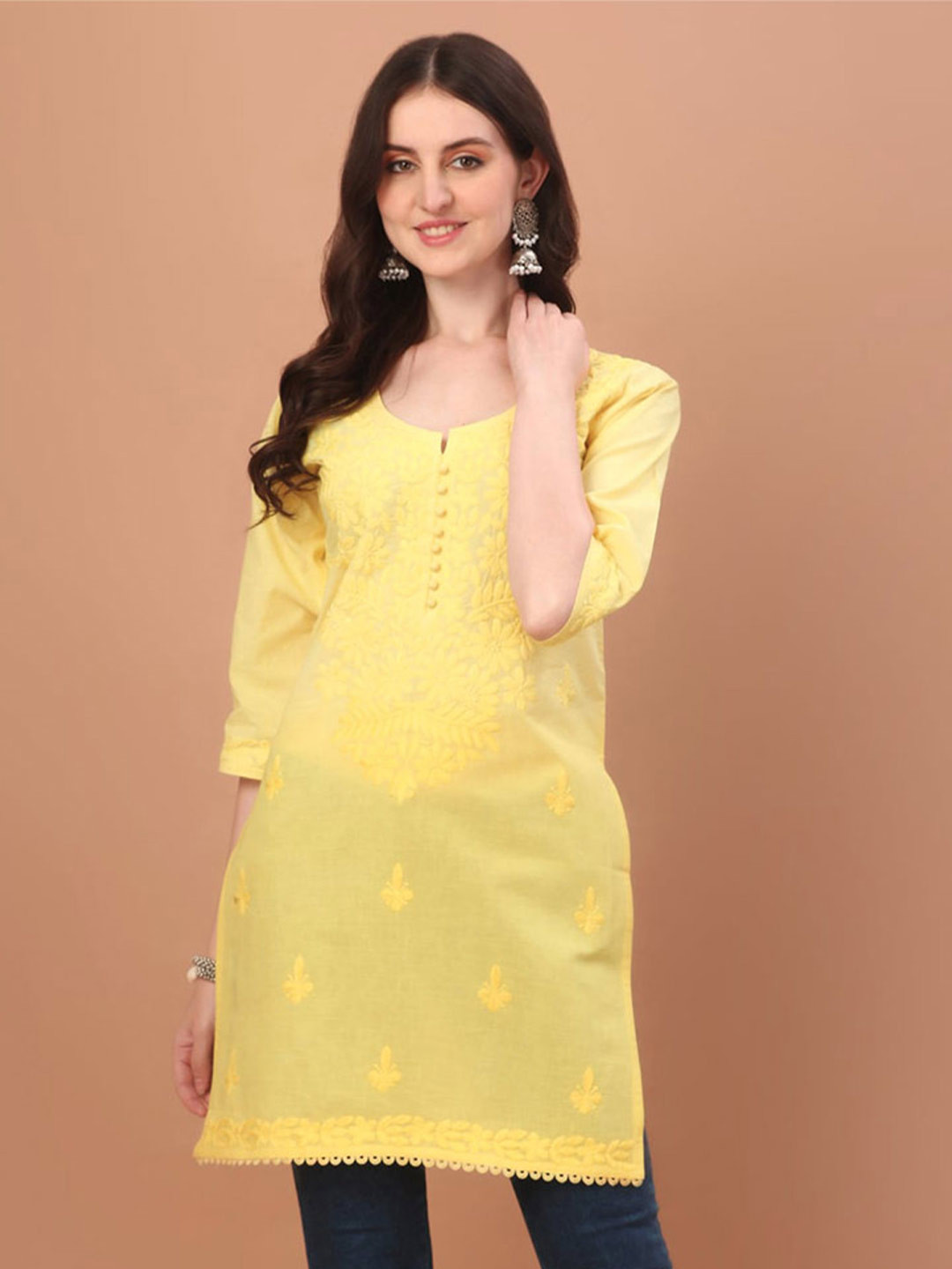 

SAZRIKA Floral Embroidered Chikankari Pure Cotton Straight Kurti, Yellow