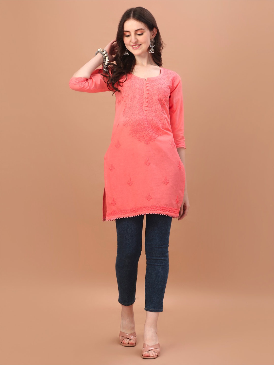 

SAZRIKA Floral Embroidered Chikankari Pure Cotton Kurti, Peach