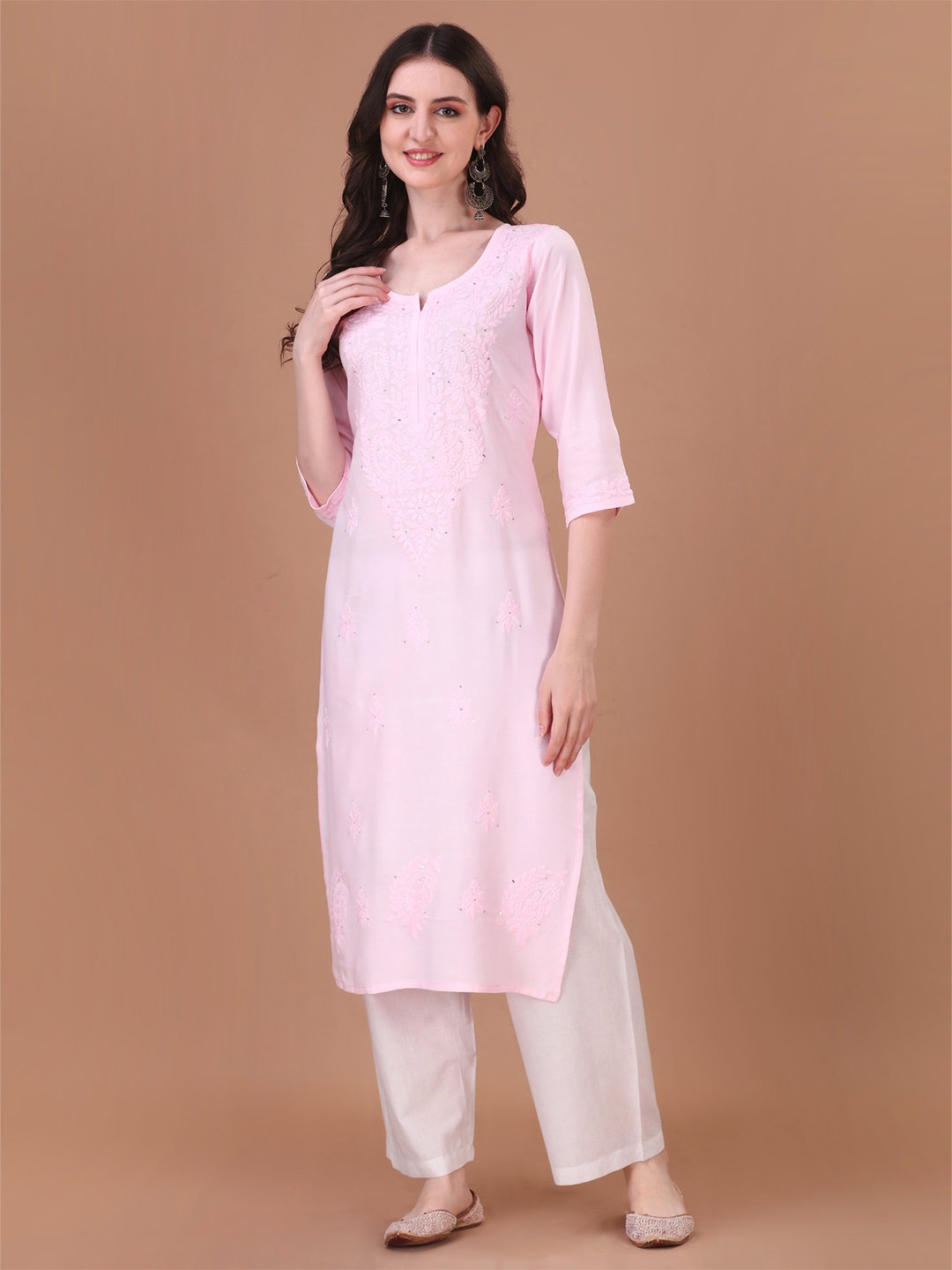 

SAZRIKA Ethnic Motifs Embroidered Chikankari Sequined Pastels Straight Kurta, Pink