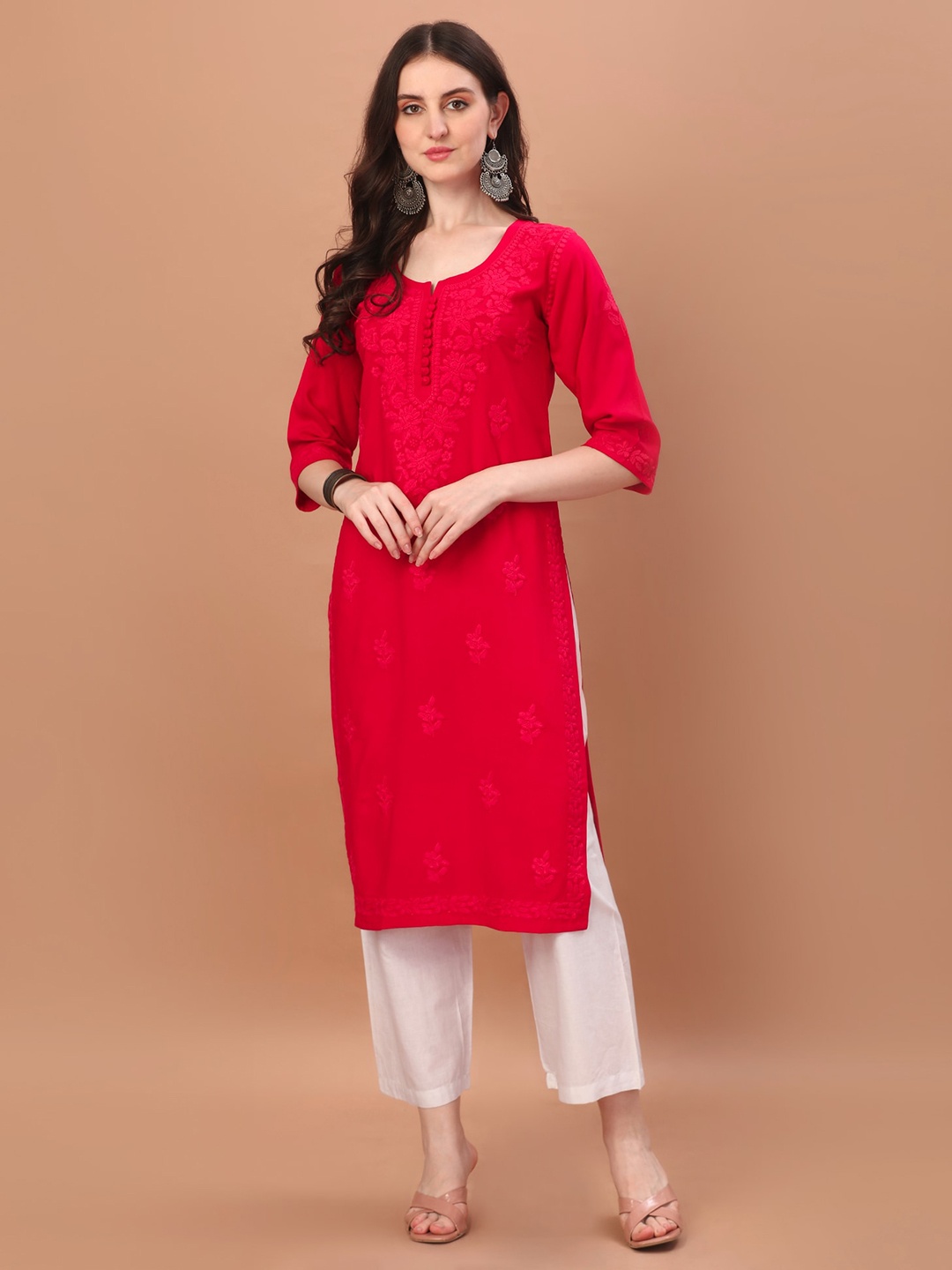

SAZRIKA Ethnic Motifs Embroidered Chikankari Straight Kurta, Red