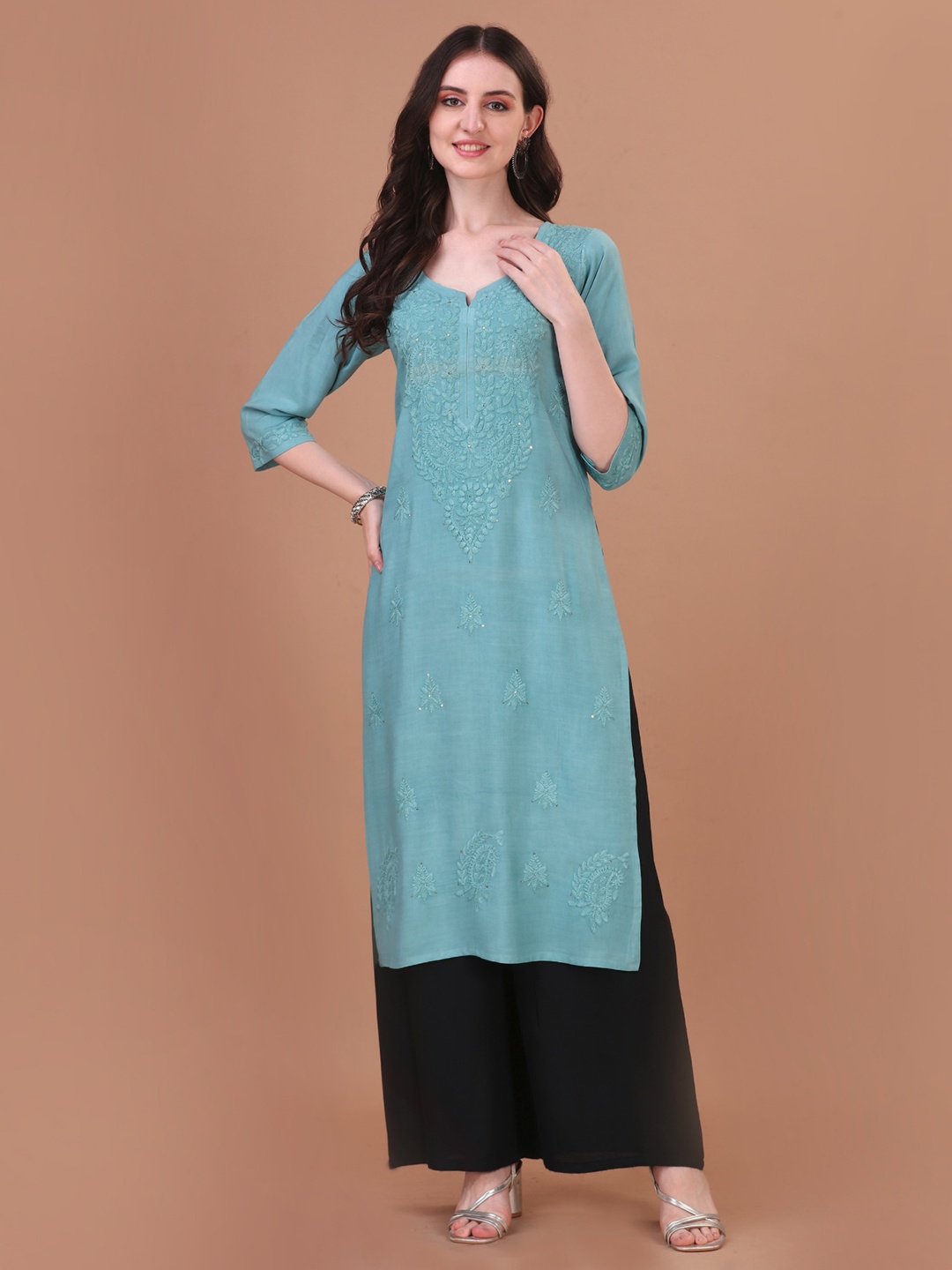 

SAZRIKA Ethnic Motifs Embroidered Chikankari Straight Kurta, Sea green