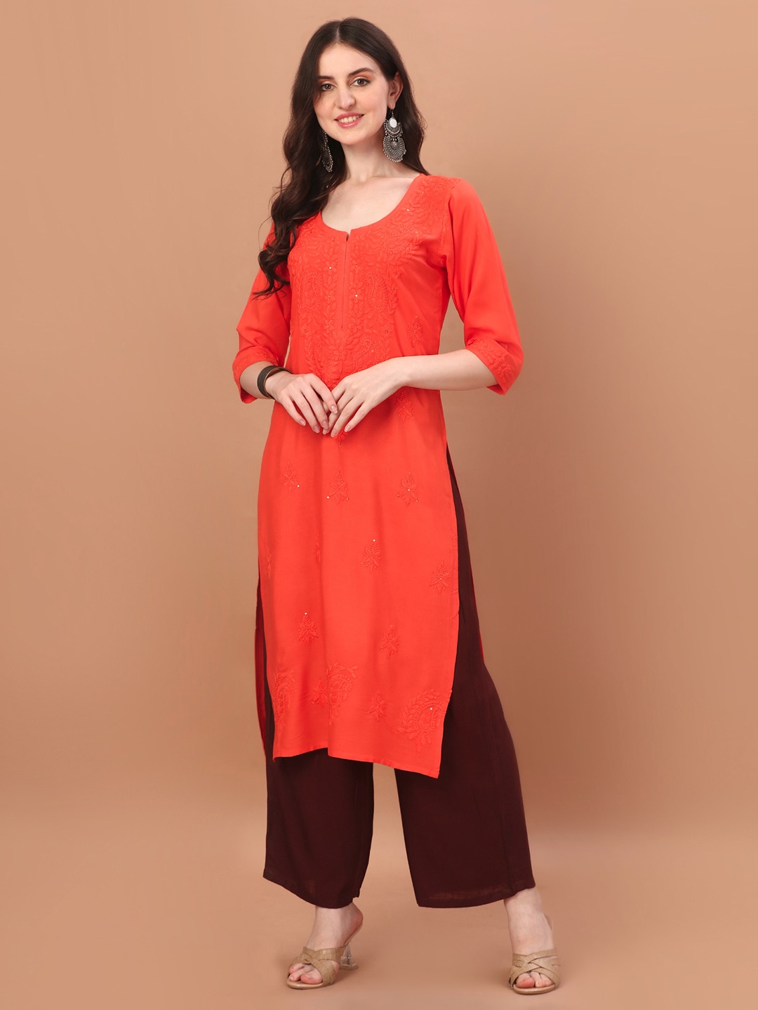 

SAZRIKA Ethnic Motifs Embroidered Chikankari Straight Kurta, Orange