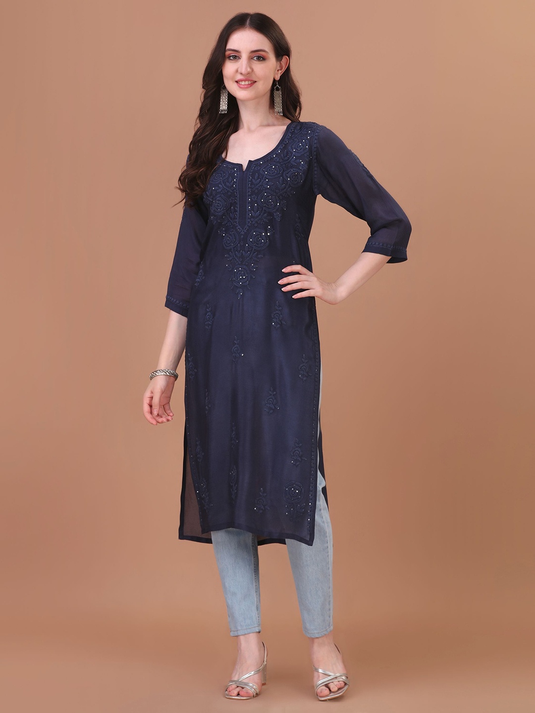 

SAZRIKA Ethnic Motifs Embroidered Chikankari Pure Chiffon Straight Kurta, Navy blue
