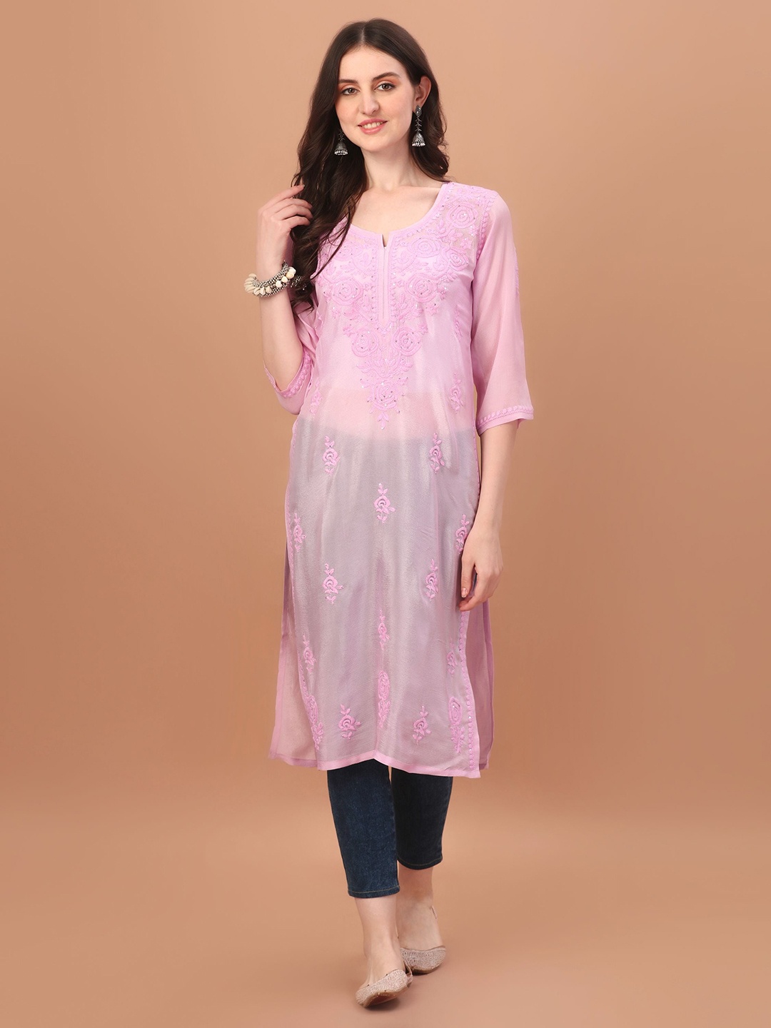 

SAZRIKA Ethnic Motifs Embroidered Chikankari Sequined Pastels Chiffon Straight Kurta, Pink