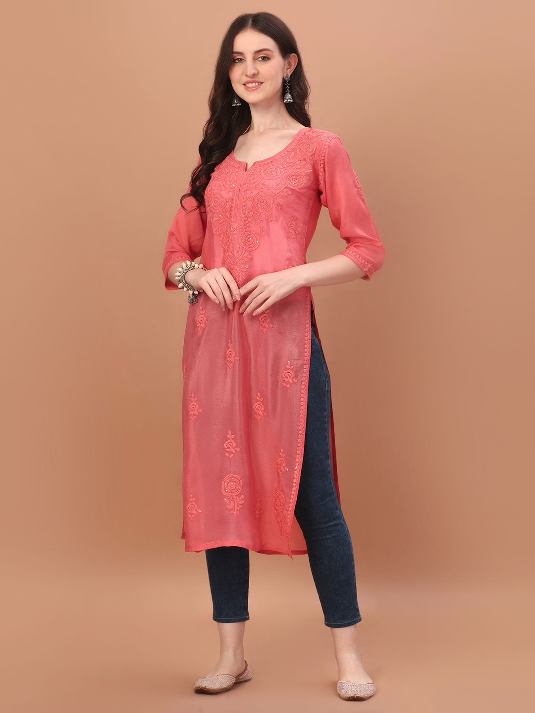 

SAZRIKA Ethnic Motifs Embroidered Chikankari Pure Chiffon Straight Kurta, Coral