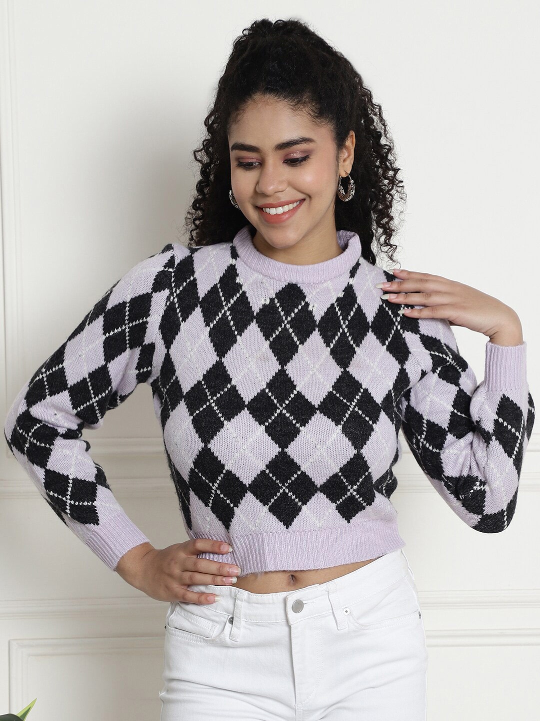 

NoBarr Fair Isle Printed Acrylic Crop Pullover Sweater, Purple