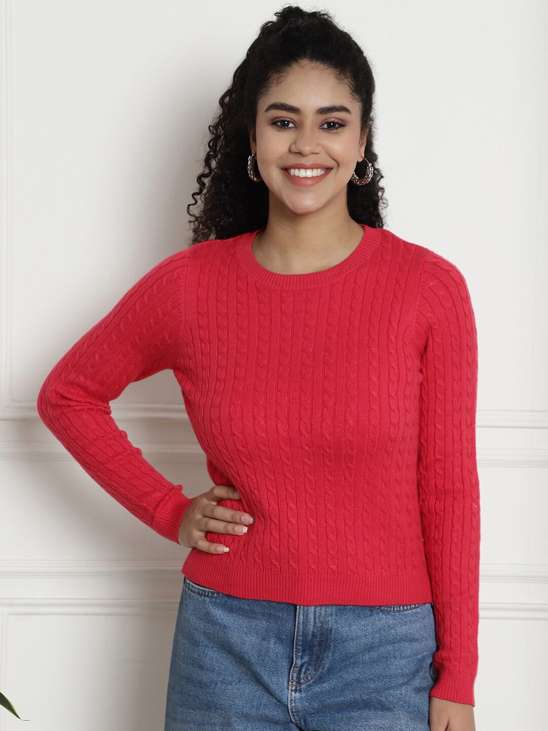 

NoBarr Cable Knit Self Design Ribbed Acrylic Pullover, Red