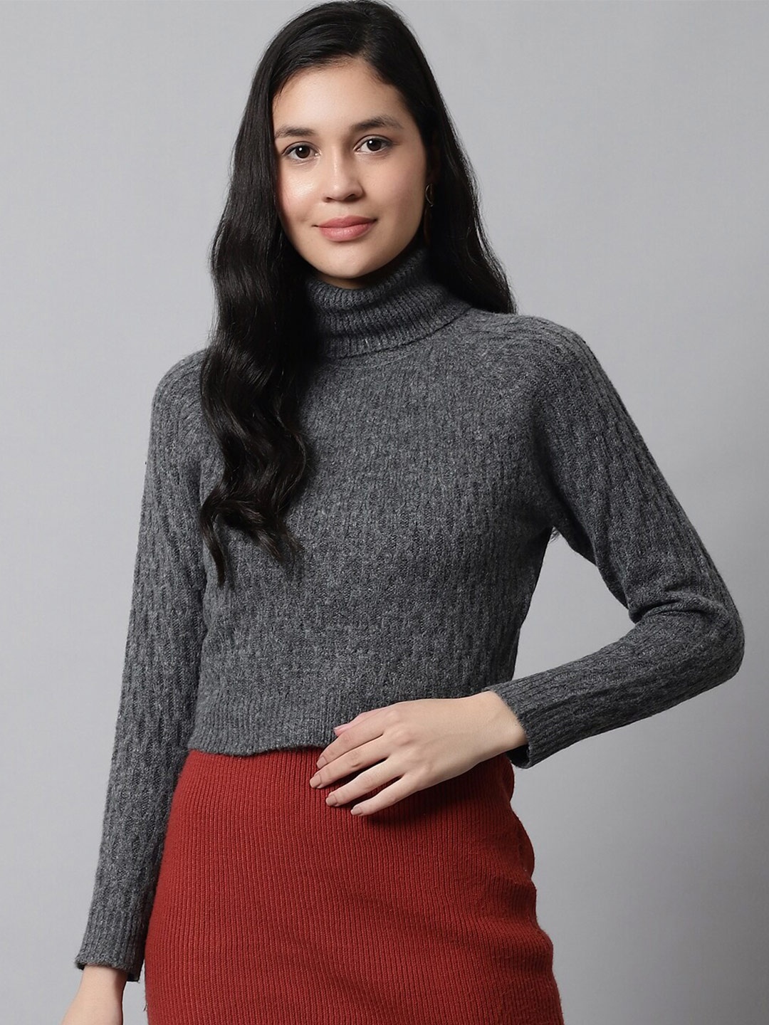

NoBarr Self Design Acrylic Turtle Neck Crop Pullover Sweater, Grey