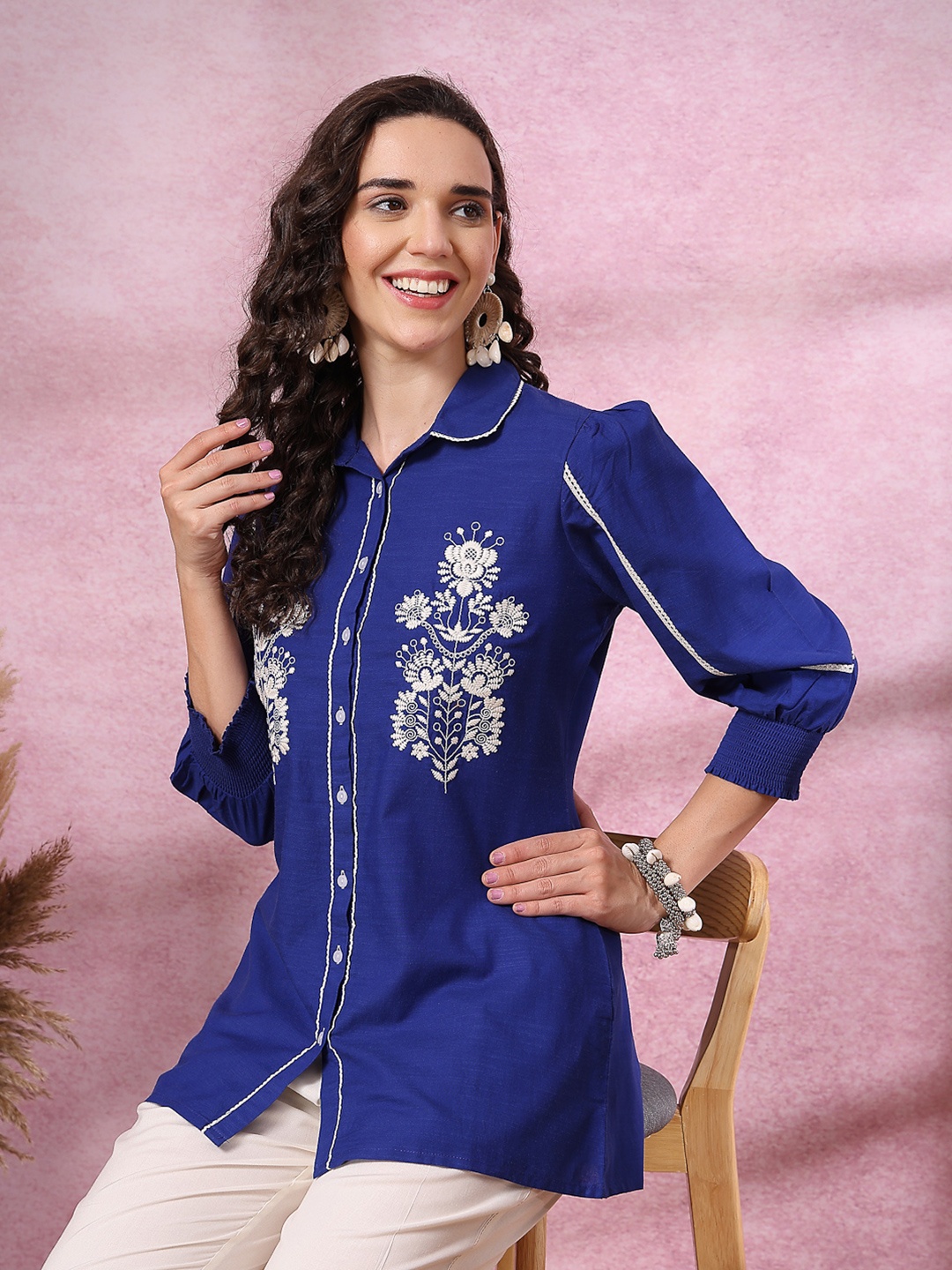 

Nayam By Lakshita Floral Embroidered Puff Sleeve Cotton Linen Shirt Style Longline Top, Blue